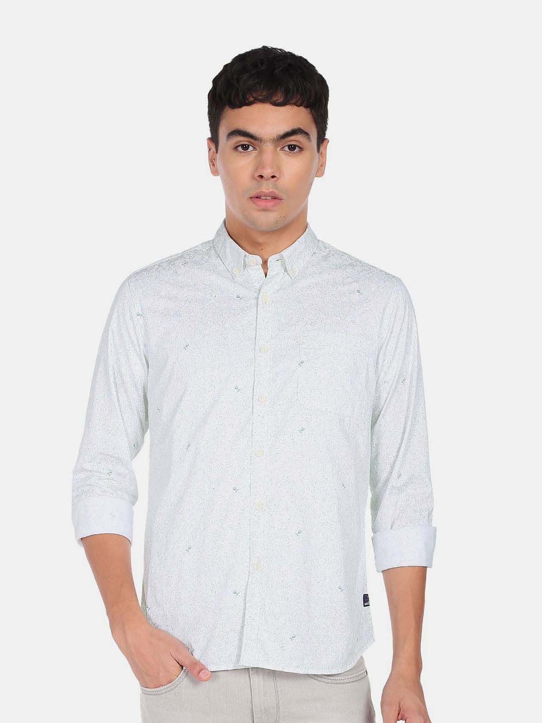 

Flying Machine Button Down Collar Floral Print Satin Casual Shirt, White