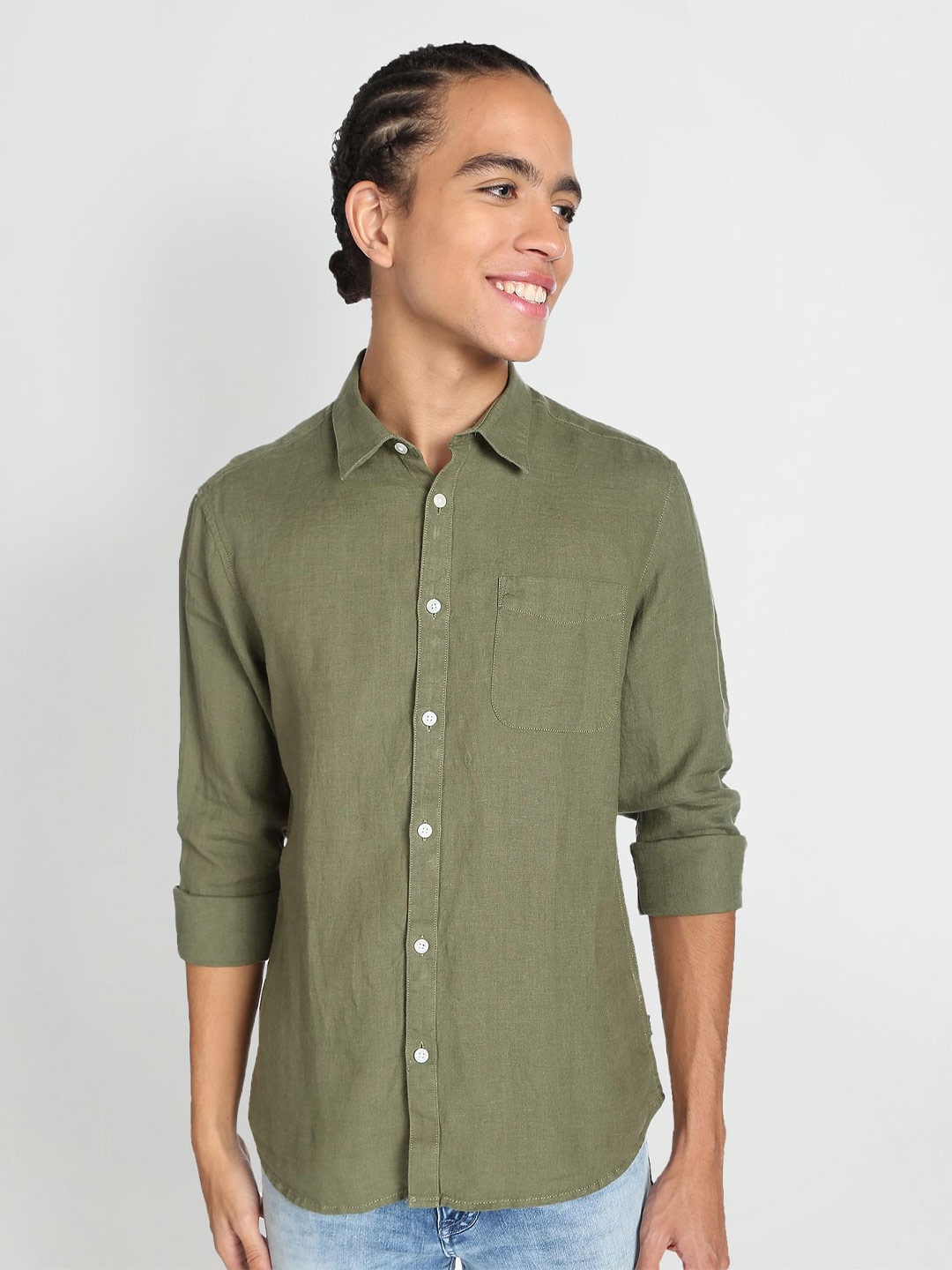 

Flying Machine Linen Slim Fit Casual Shirt, Olive