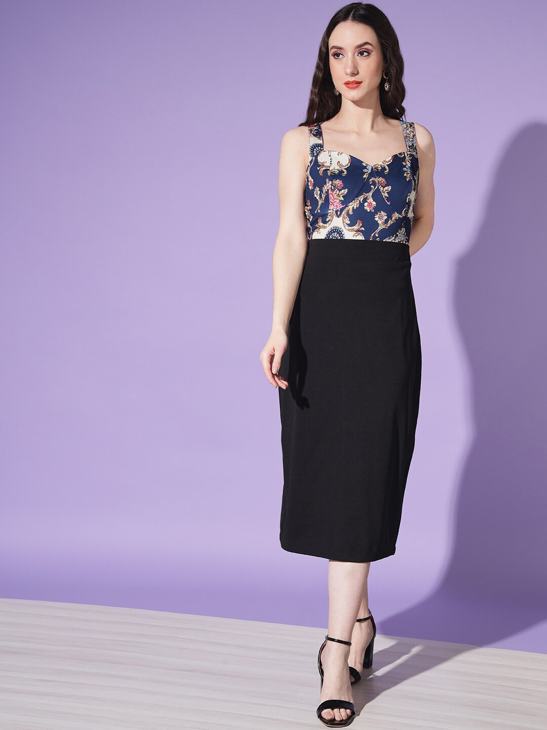 

WoowZerz Floral Printed Sheath Midi Dress, Black