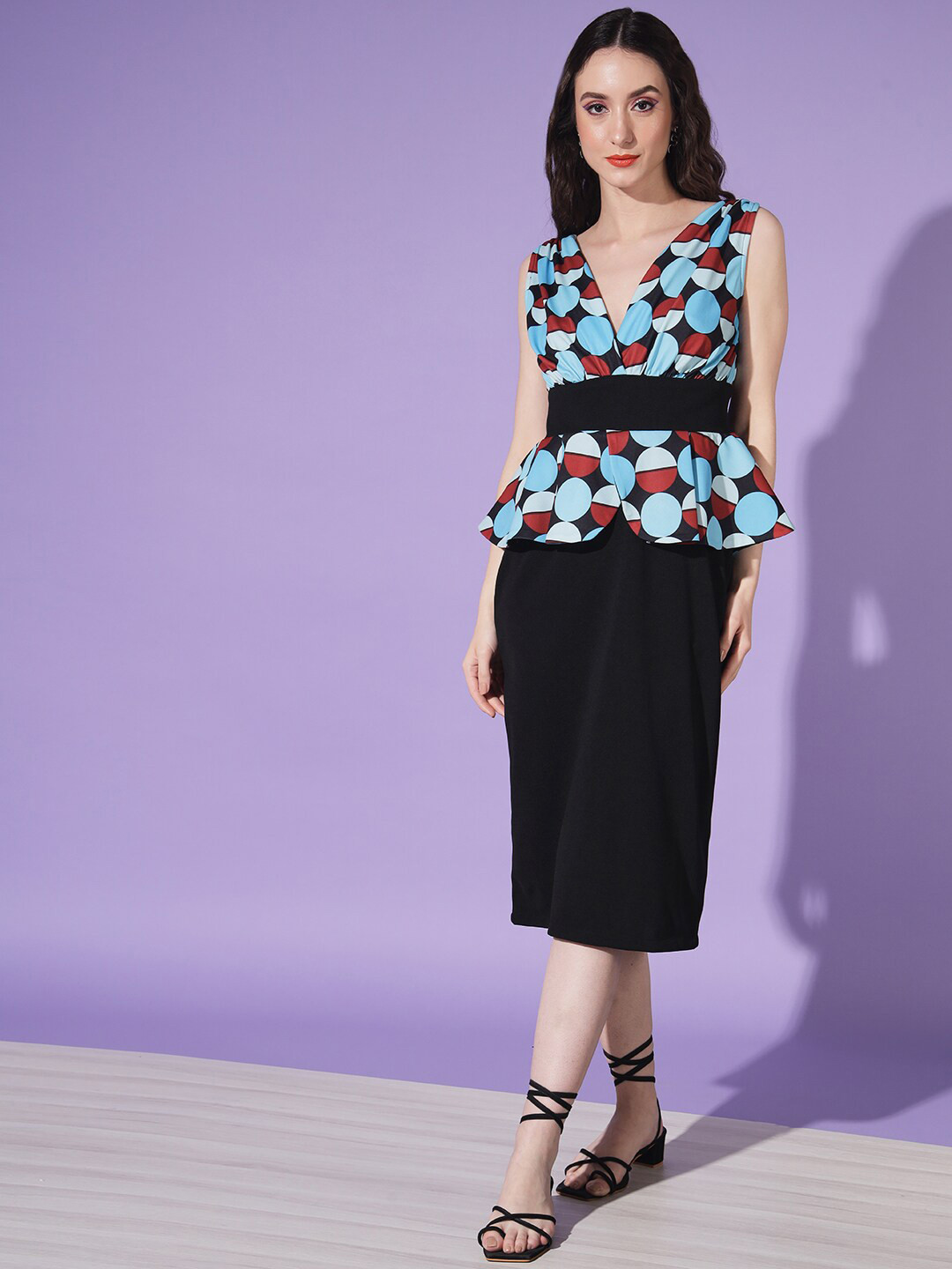 

WoowZerz Geometric Printed Peplum Midi Dress, Black