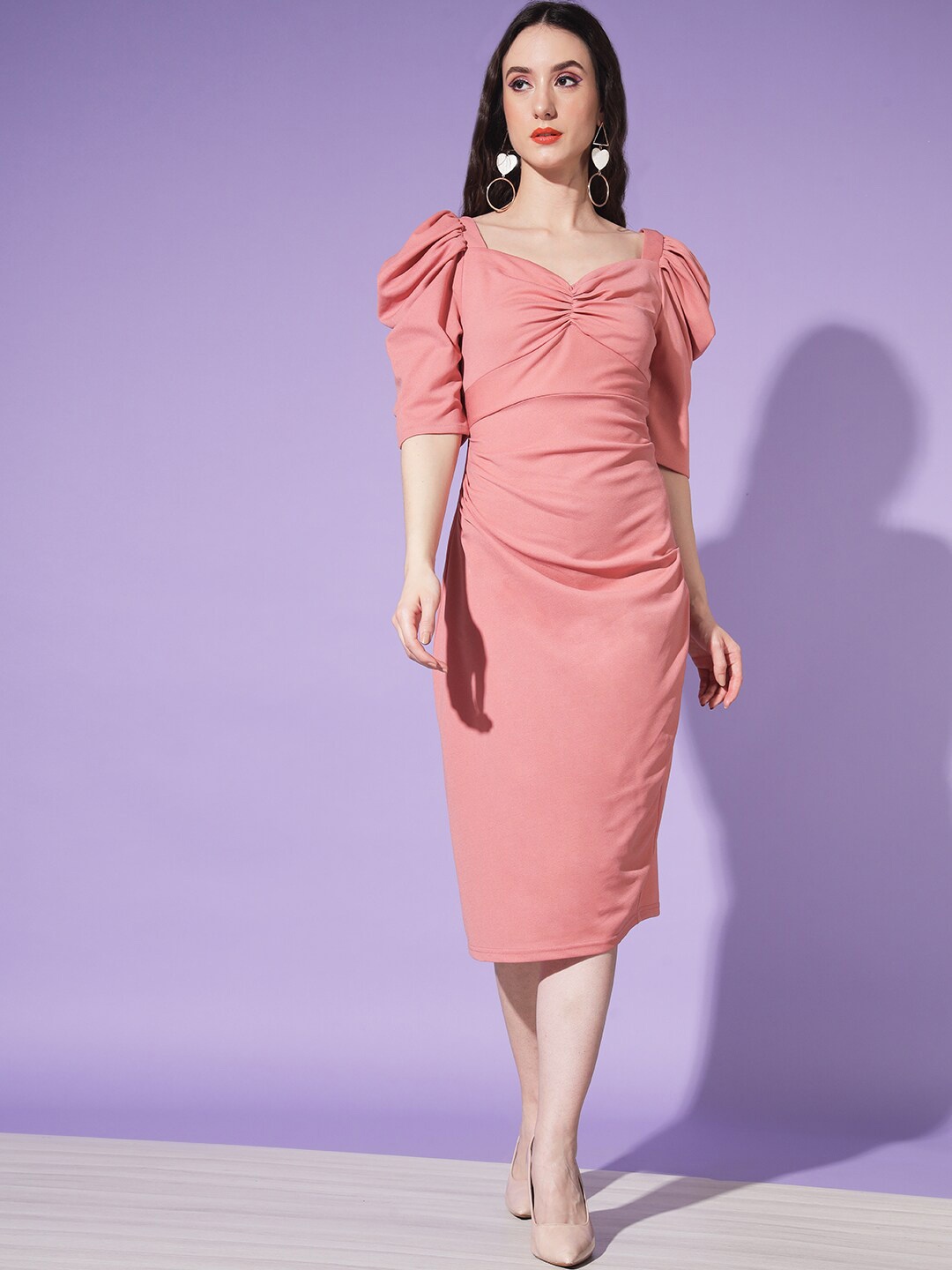 

WoowZerz Sweetheart Neck Puff Sleeves Sheath Dress, Pink