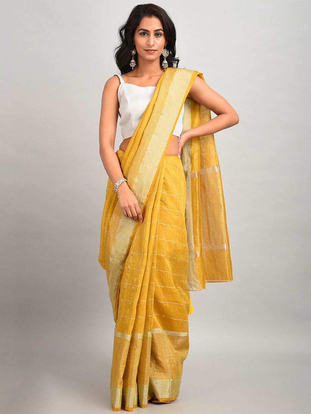 

SMRITI GUPTA Checked Zari Chanderi Saree, Mustard