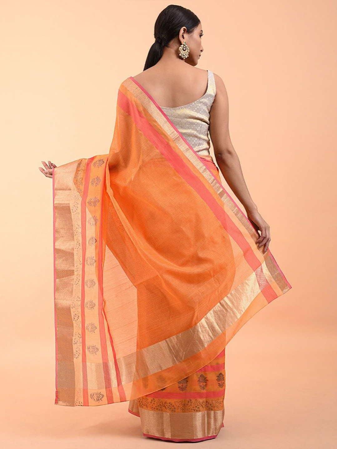 

SMRITI GUPTA Ethnic Motifs Zari Silk Cotton Chanderi Saree, Orange