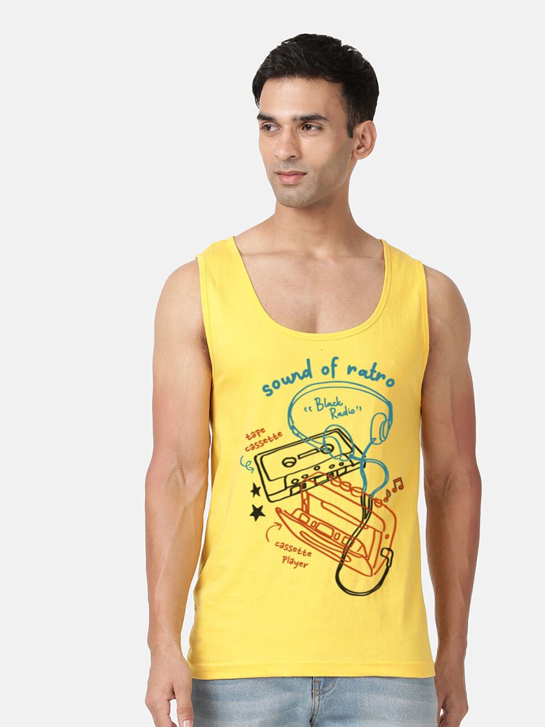 

BLACK RADIO Graphic Printed Sleeveless Cotton T-shirt, Yellow