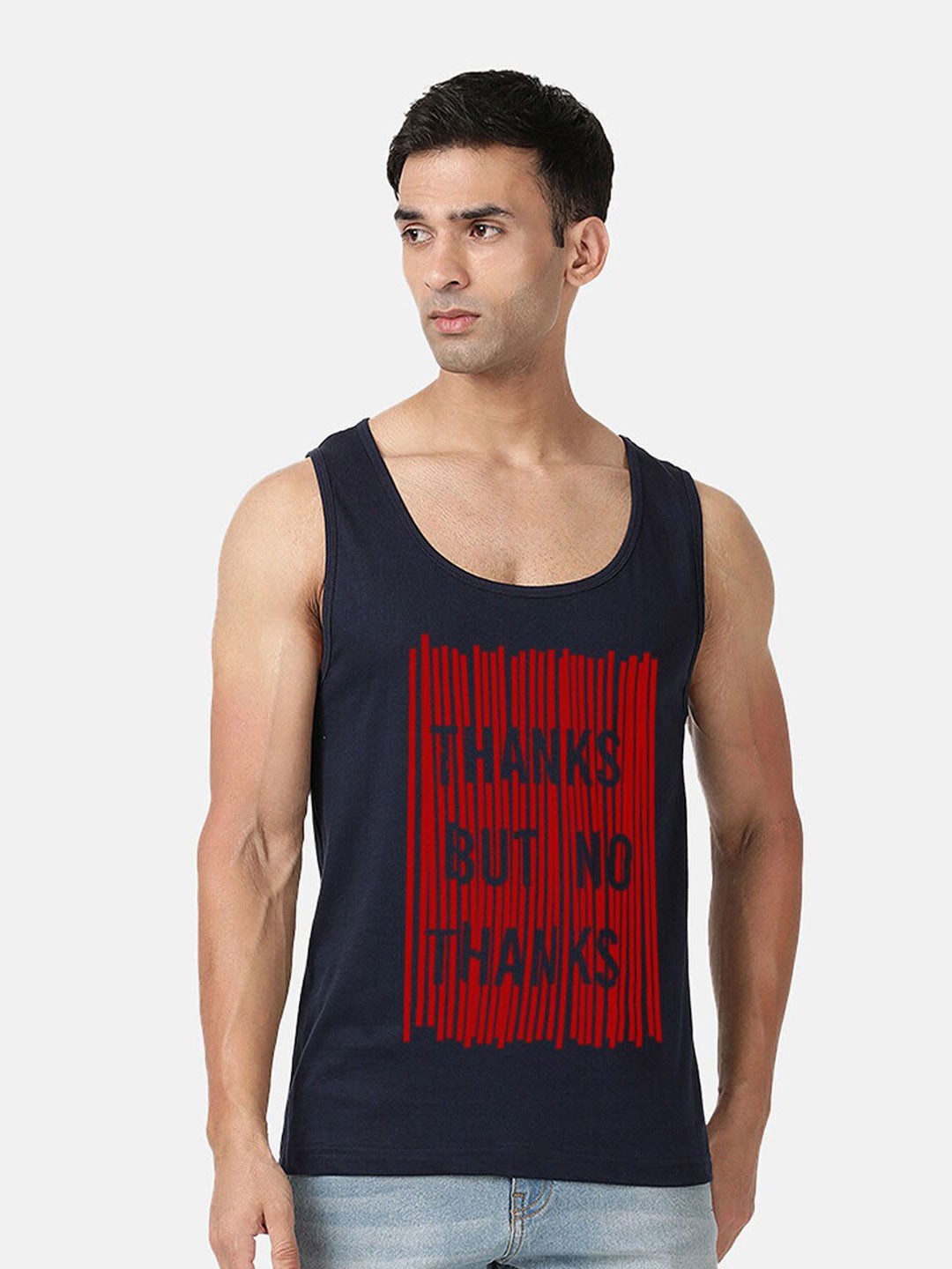 

BLACK RADIO Typography Printed Sleeveless Cotton T-shirt, Navy blue