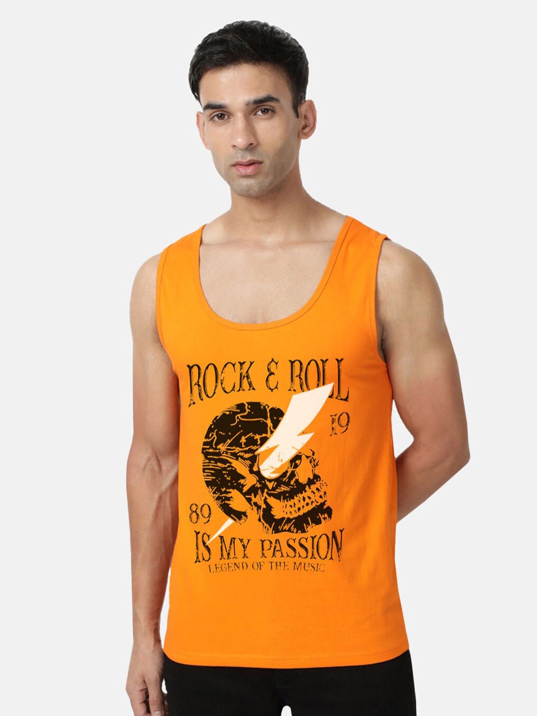 

BLACK RADIO Graphic Printed Sleeveless Cotton T-shirt, Orange