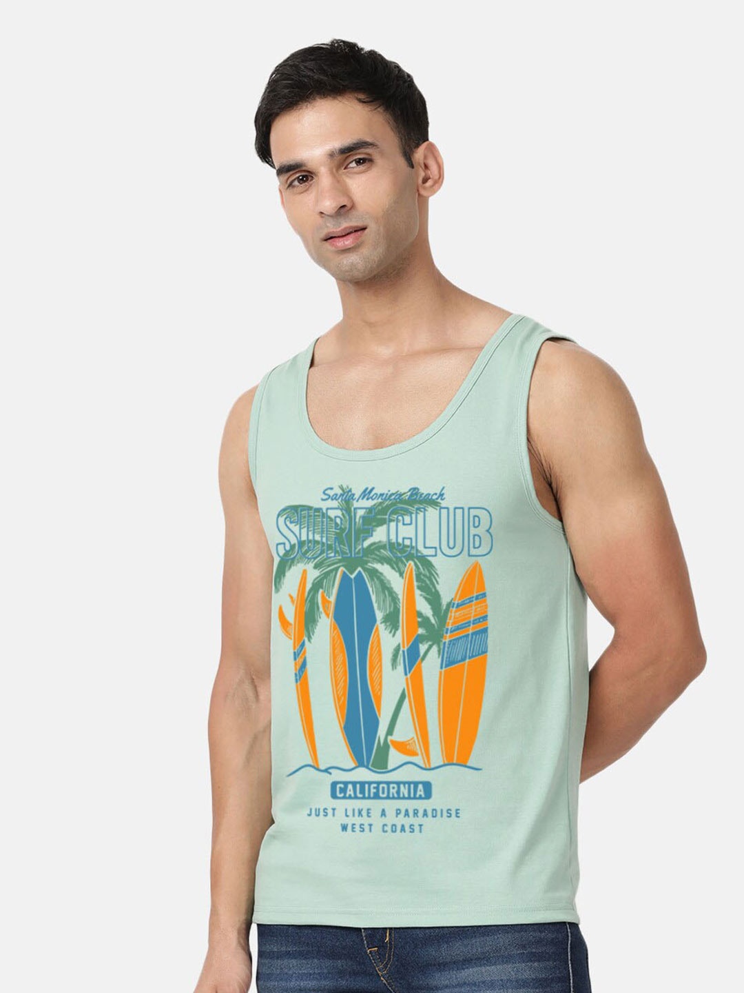 

BLACK RADIO Tropical Scoop Neck Sleeveless Graphic Printed Cotton T-shirt, Sea green