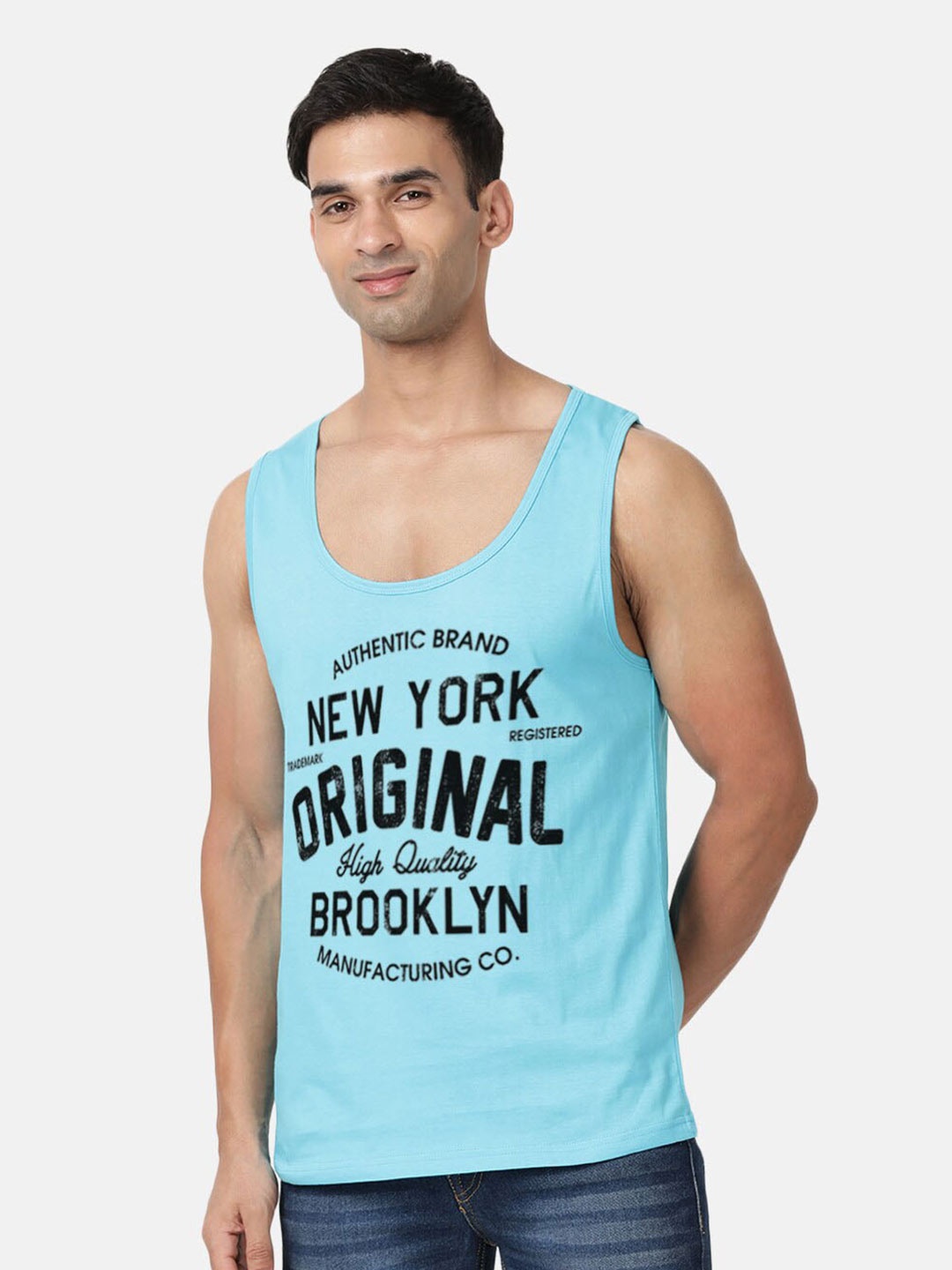 

MASH UNLIMITED Typography Printed Sleeveless Cotton T-shirt, Turquoise blue