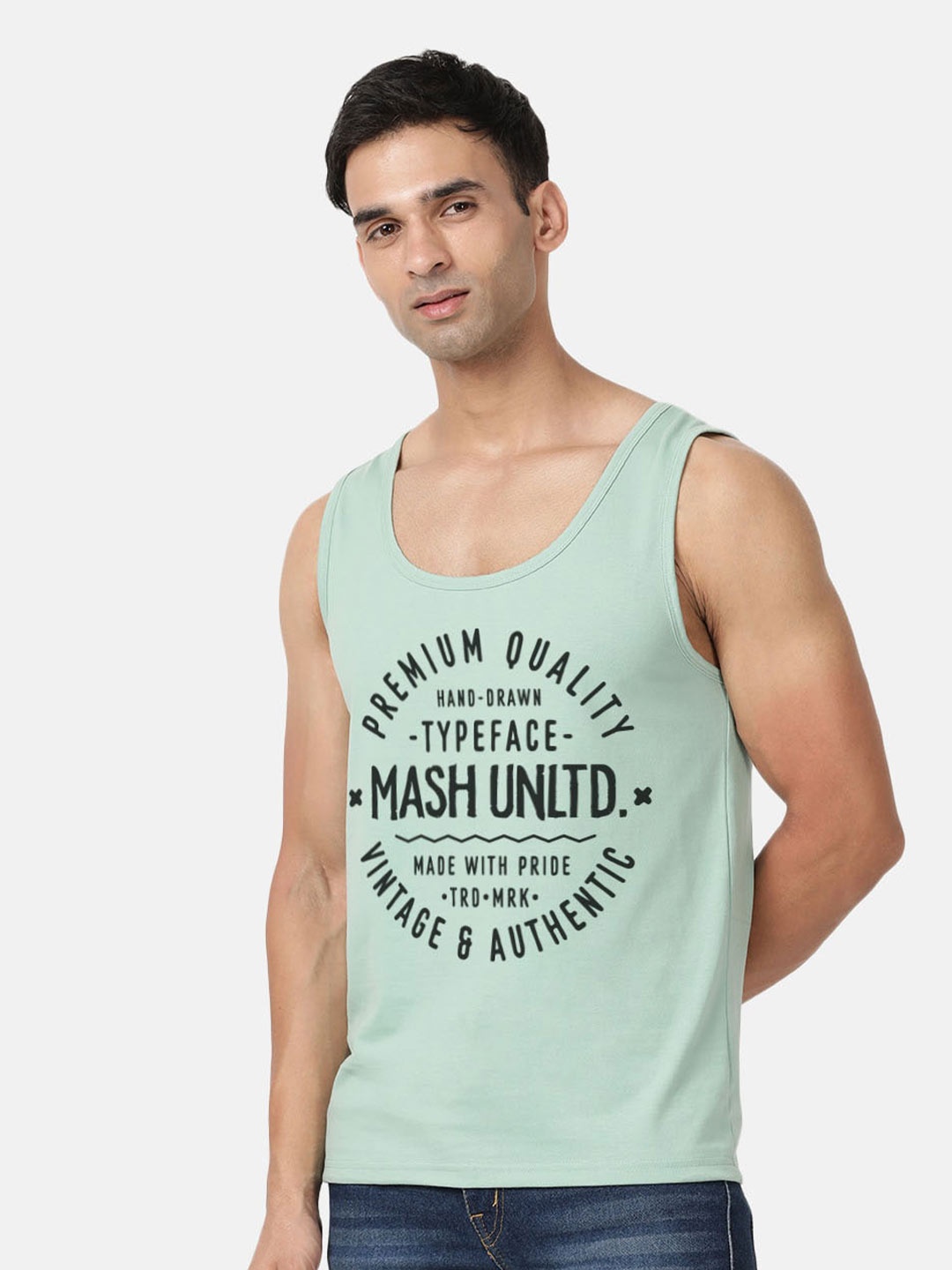 

MASH UNLIMITED Typography Printed Sleeveless Cotton T-shirt, Sea green