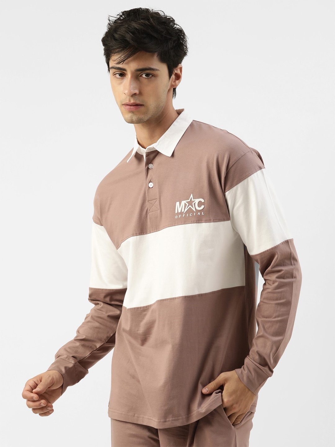 

Maniac Colourblocked Polo Collar Pure Cotton Boxy Fit T-shirt, Brown