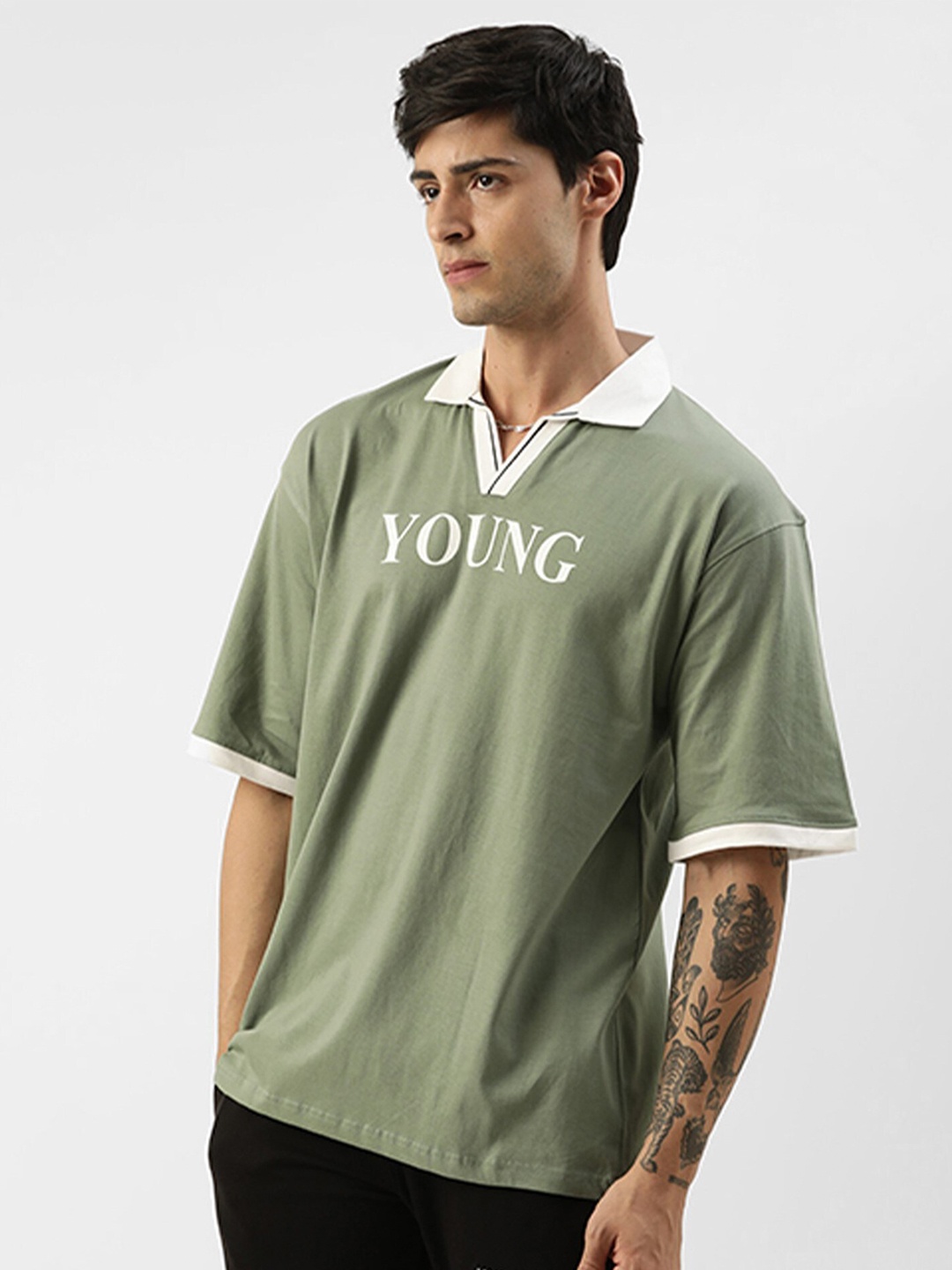 Maniac Polo Collar Pure Cotton Boxy Fit T-shirt, Green