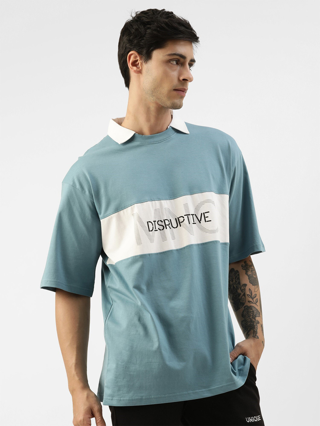 

Maniac Colourblocked Polo Collar Pure Cotton Boxy Fit T-shirt, Blue