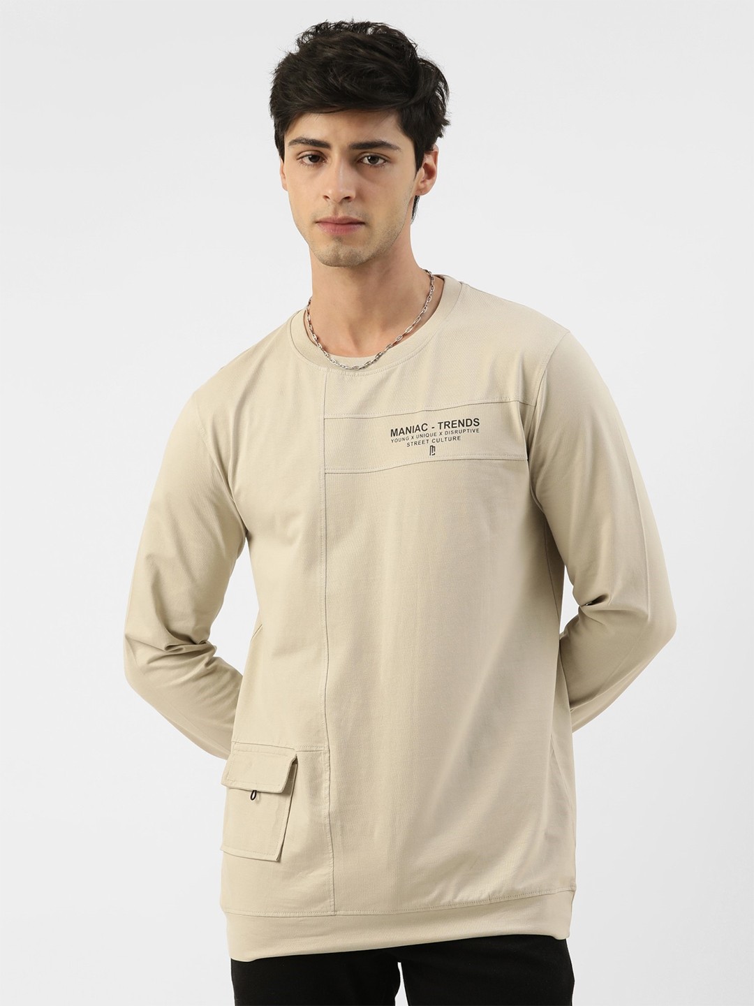 

Maniac Round Neck Pure Cotton T-shirt, Beige