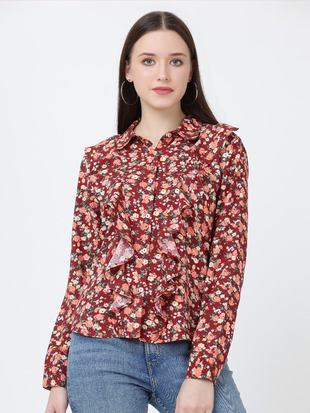 

GRACIT Floral Print Shirt Style Top, Maroon