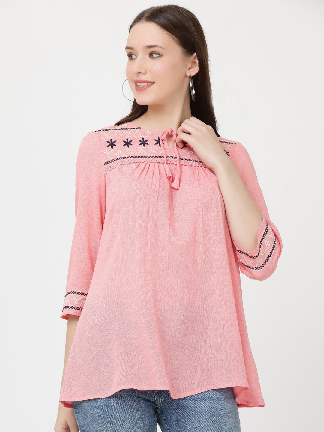 

GRACIT Ethnic Motifs Embroidered Tie-Up Neck Gathered A-Line Crepe Top, Pink
