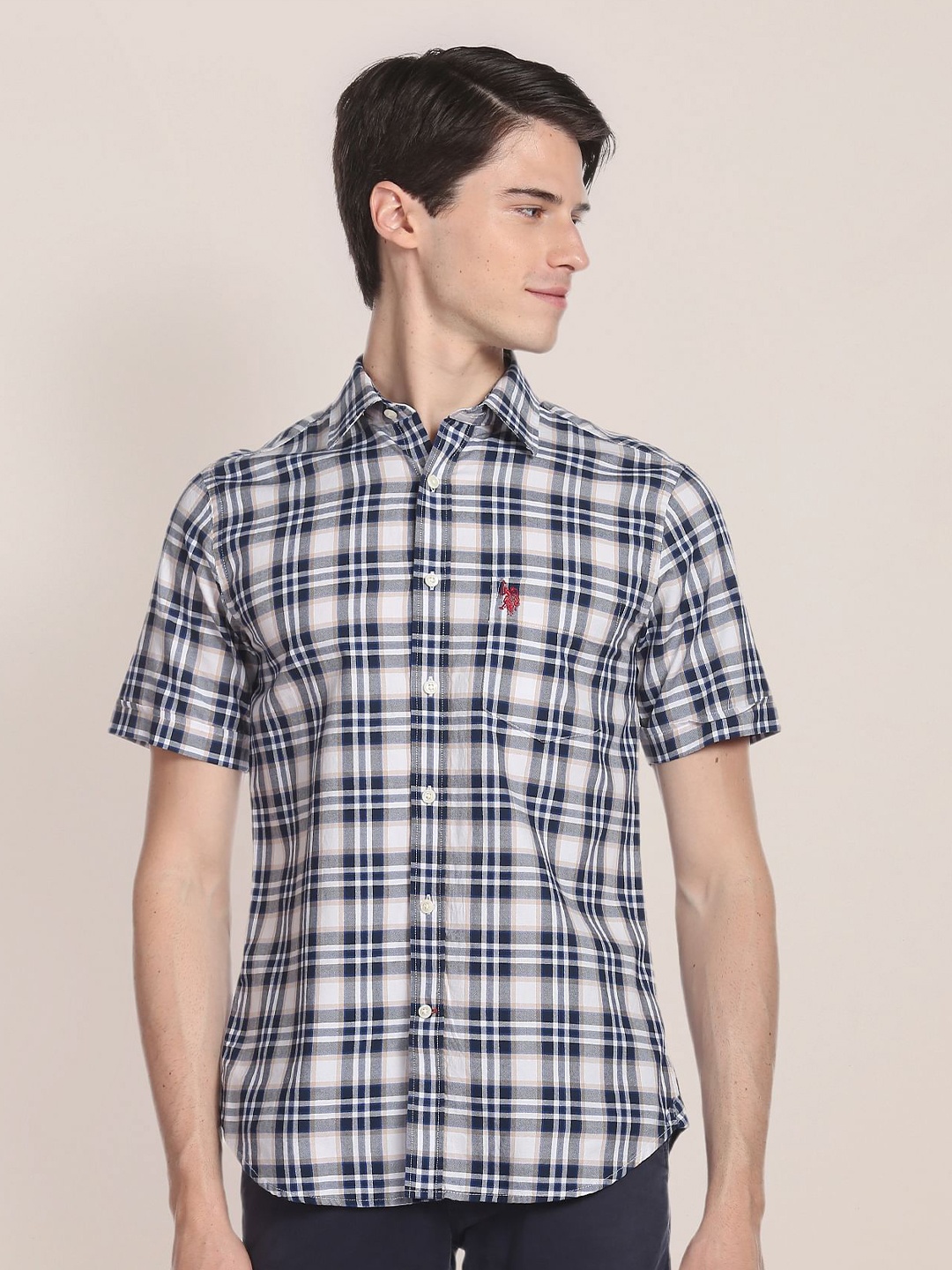 

U.S. Polo Assn. Spread Collar Tartan Checked Pure Cotton Casual Shirt, Blue