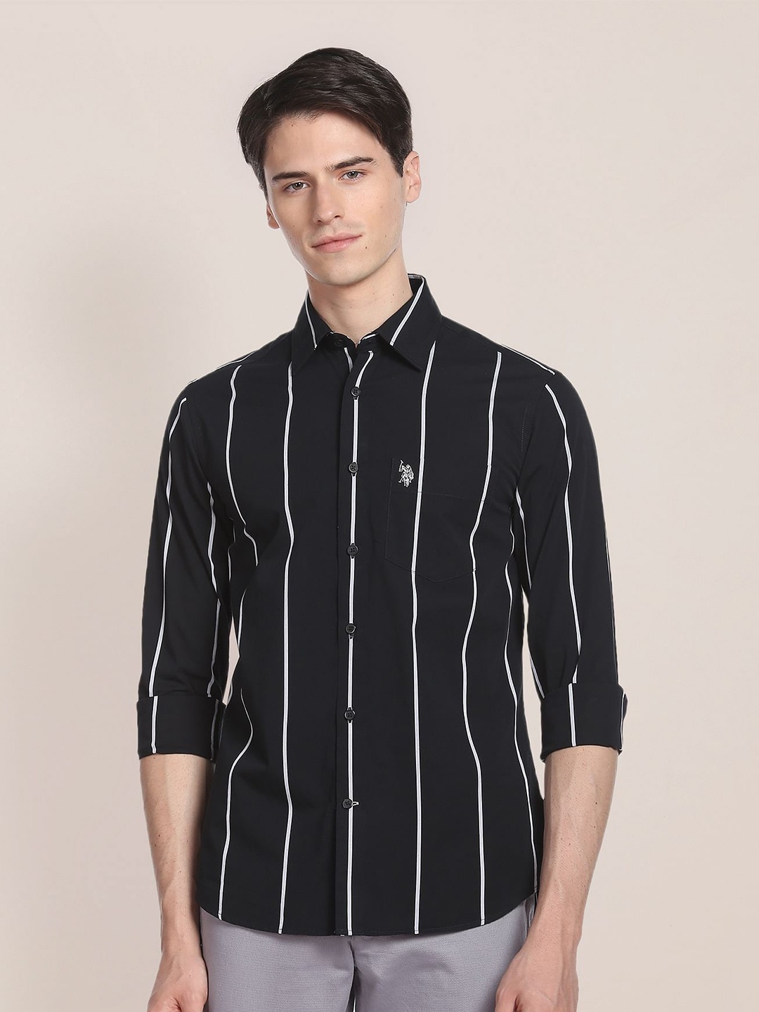 

U.S. Polo Assn. Vertical Stripes Striped Pure Cotton Casual Shirt, Black