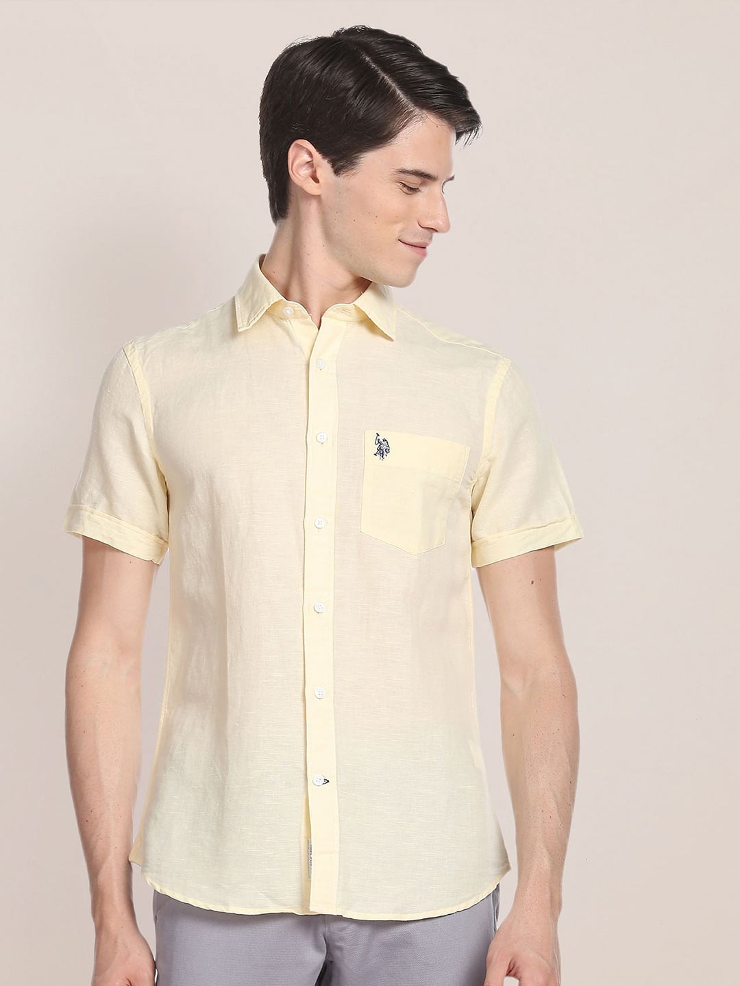 

U.S. Polo Assn. Spread Collar Linen Cotton Casual Shirt, Yellow