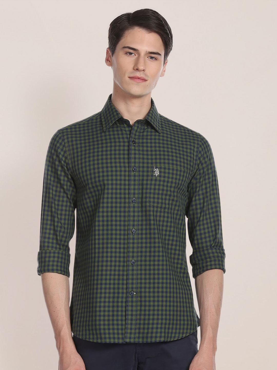 

U.S. Polo Assn. Checked Twill Linen Cotton Casual Shirt, Green