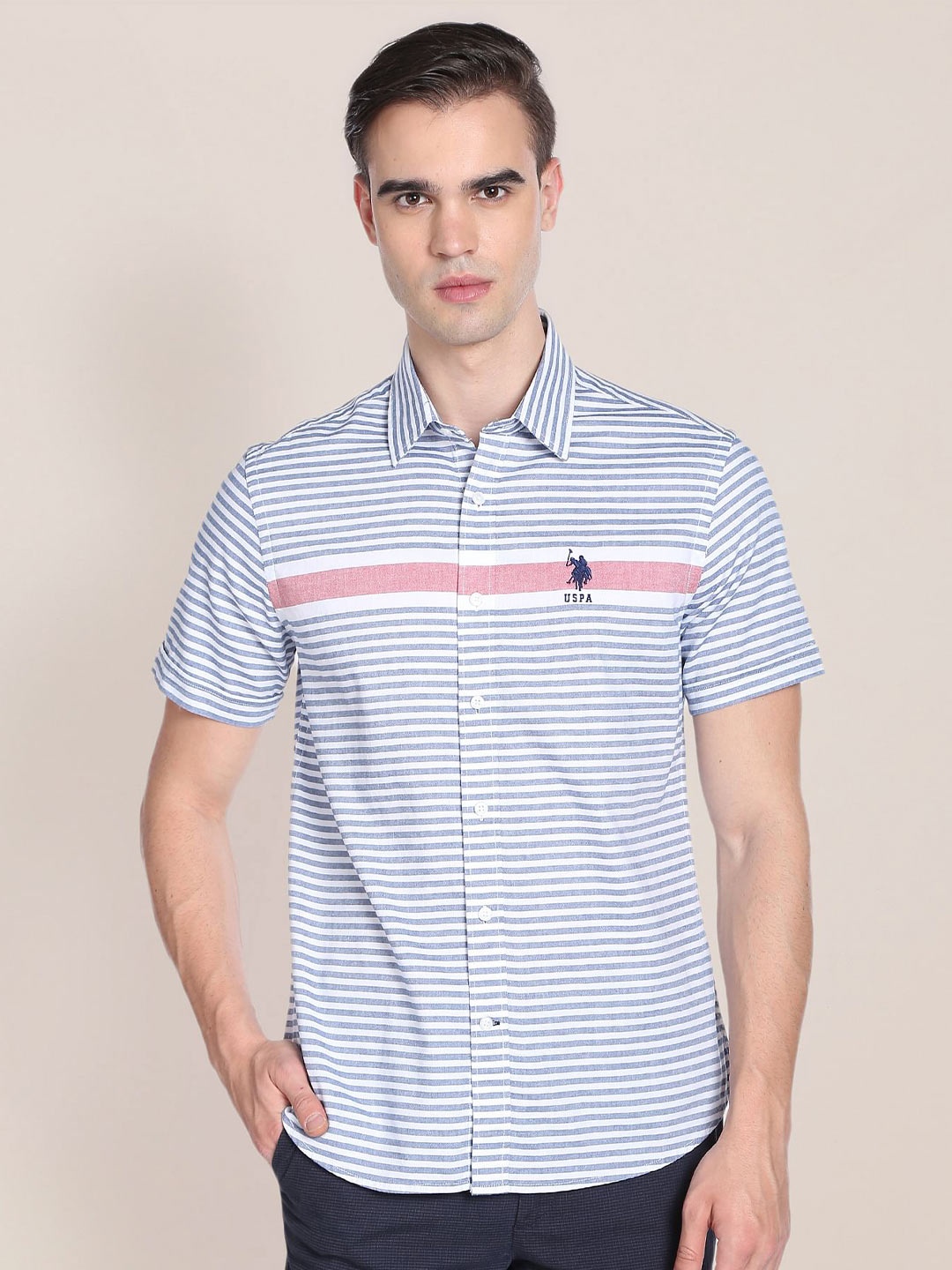 

U.S. Polo Assn. Horizontal Stripes Striped Oxford Pure Cotton Casual Shirt, Blue