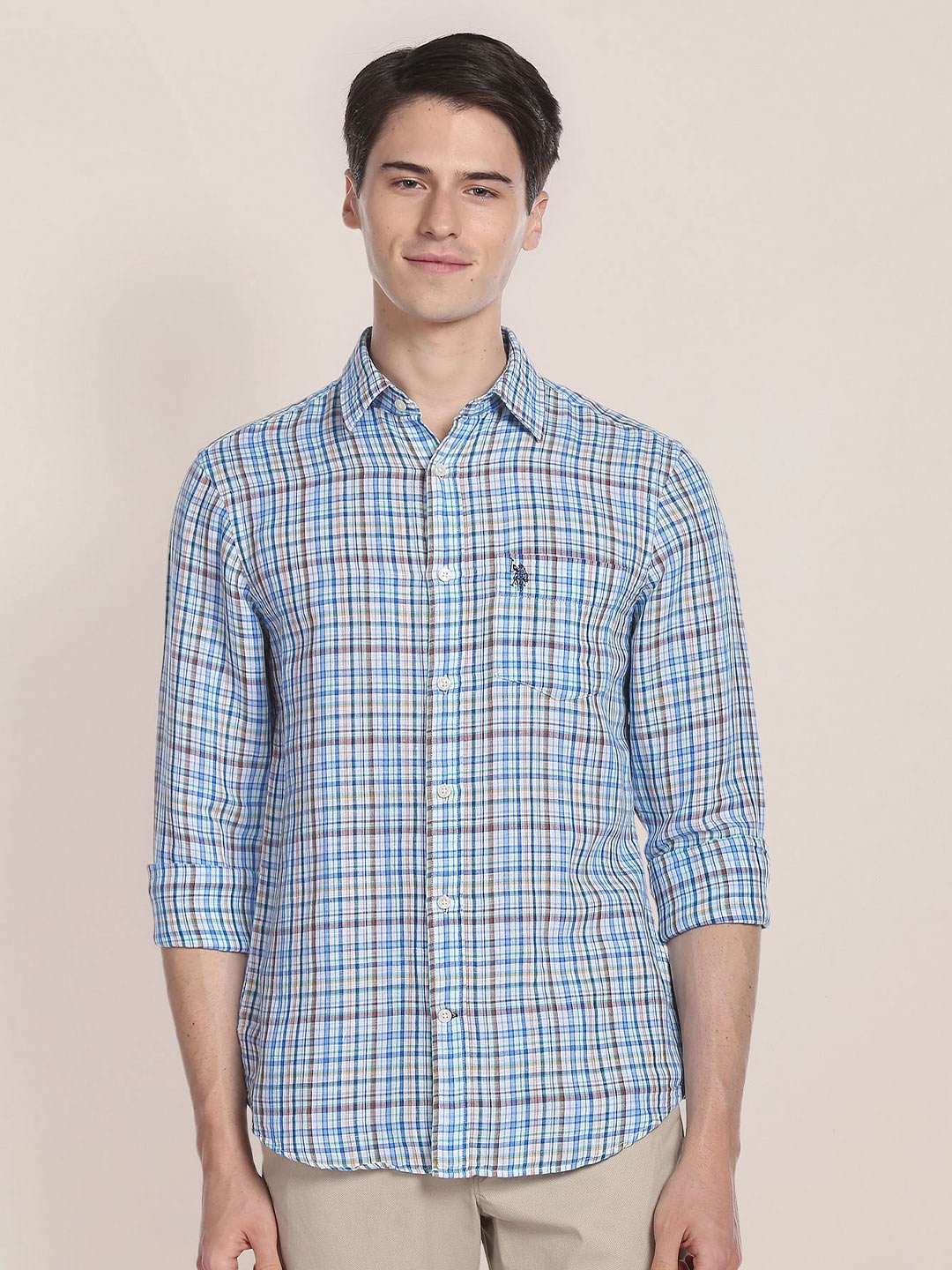 

U.S. Polo Assn. Spread Collar Tartan Checked Regular Fit Oxford Pure Cotton Casual Shirt, Blue