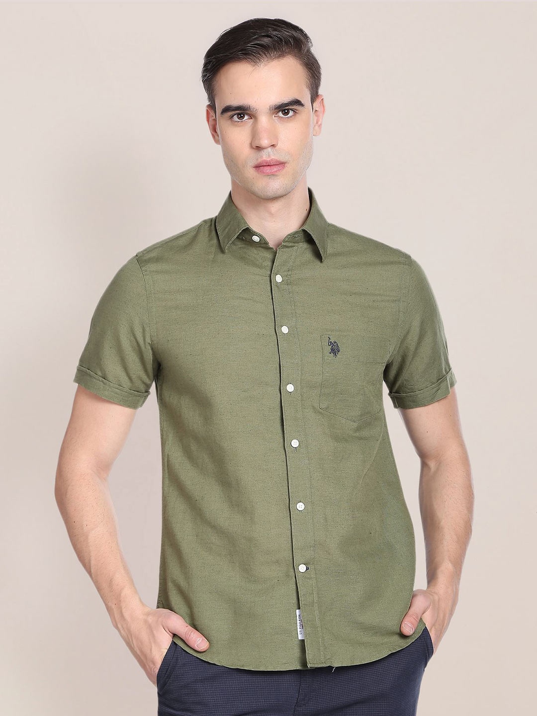 

U.S. Polo Assn. Spread Collar Regular Fit Linen Casual Shirt, Olive