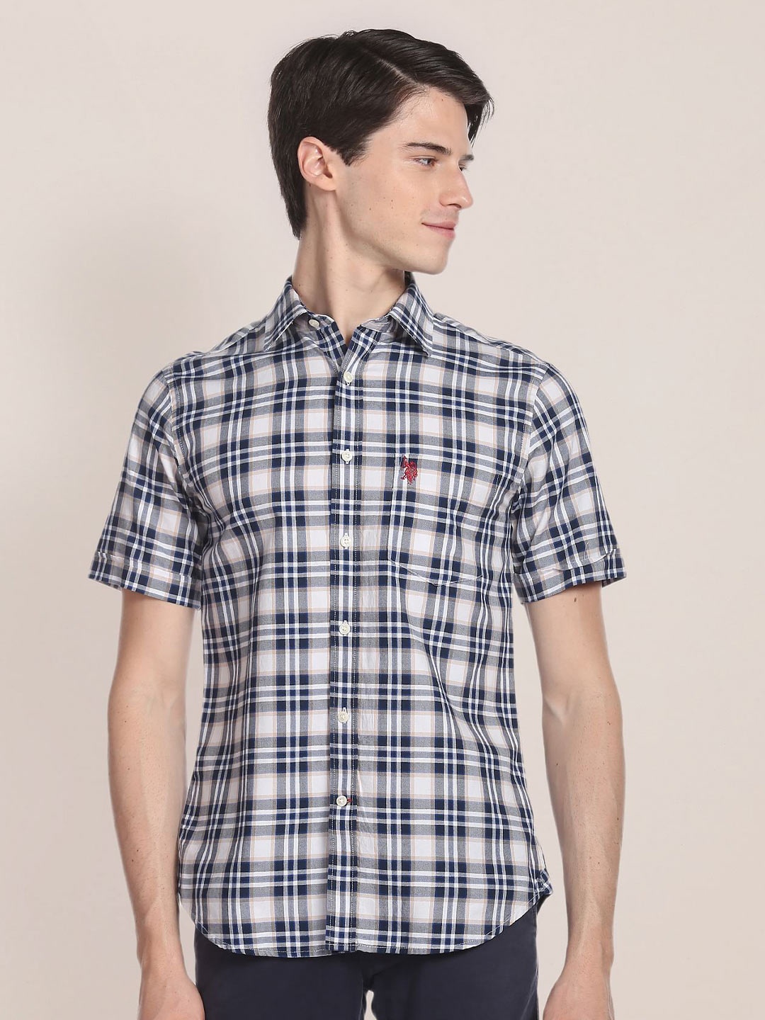 

U.S. Polo Assn. Spread Collar Tartan Checked Oxford Pure Cotton Casual Shirt, Blue