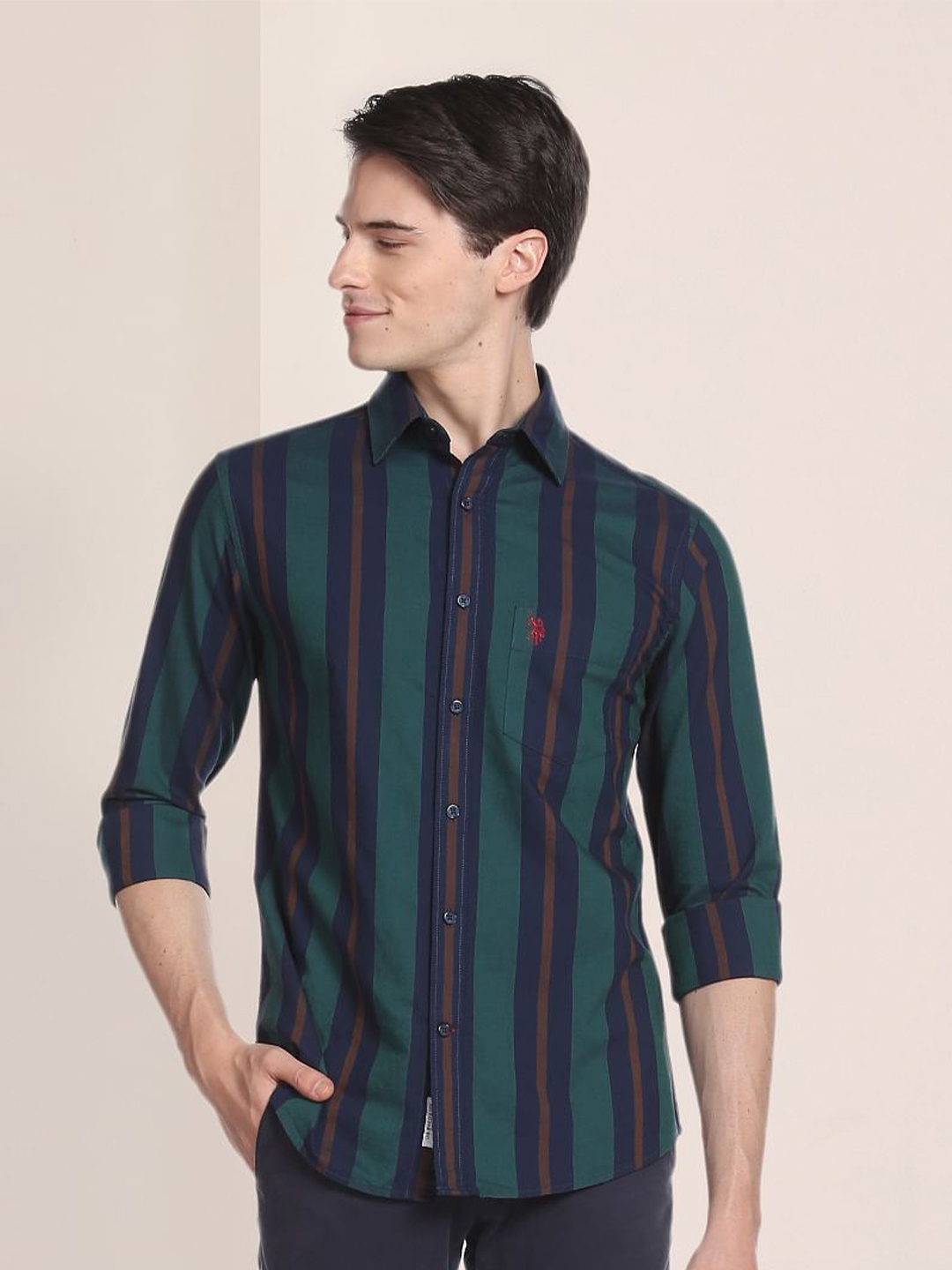 

U.S. Polo Assn. Vertical Stripes Striped Pure Cotton Casual Shirt, Green
