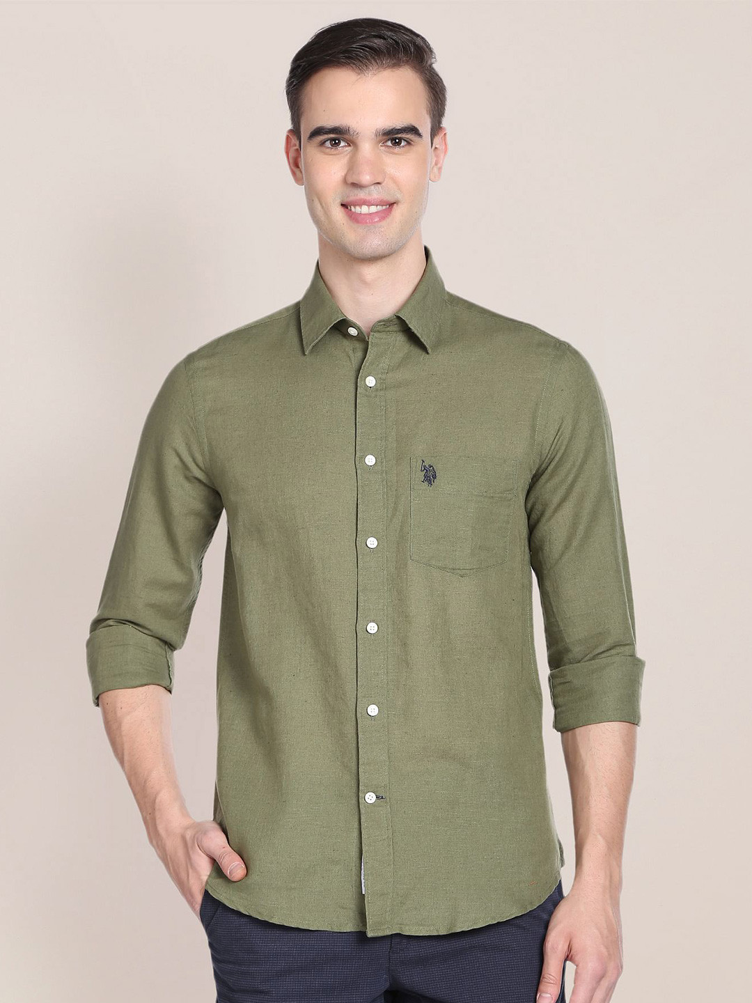 

U.S. Polo Assn. Spread Collar Linen Cotton Casual Shirt, Green