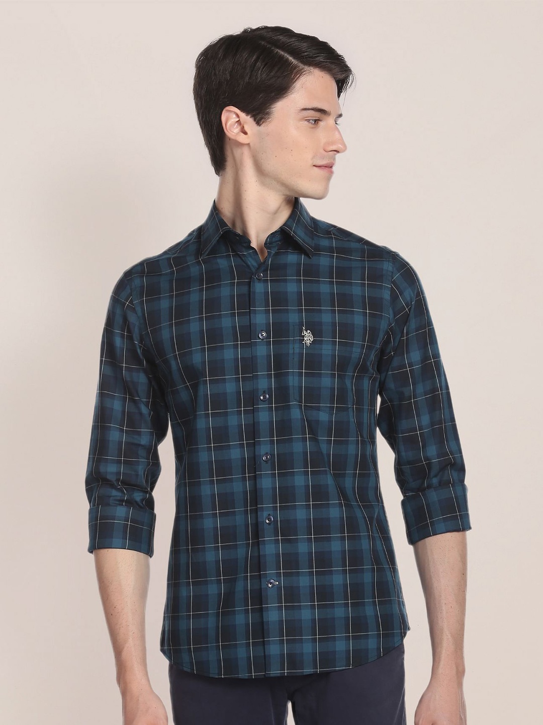 

U.S. Polo Assn. Plus Size Spread Collar Tartan Checked Pure Cotton Casual Shirt, Teal