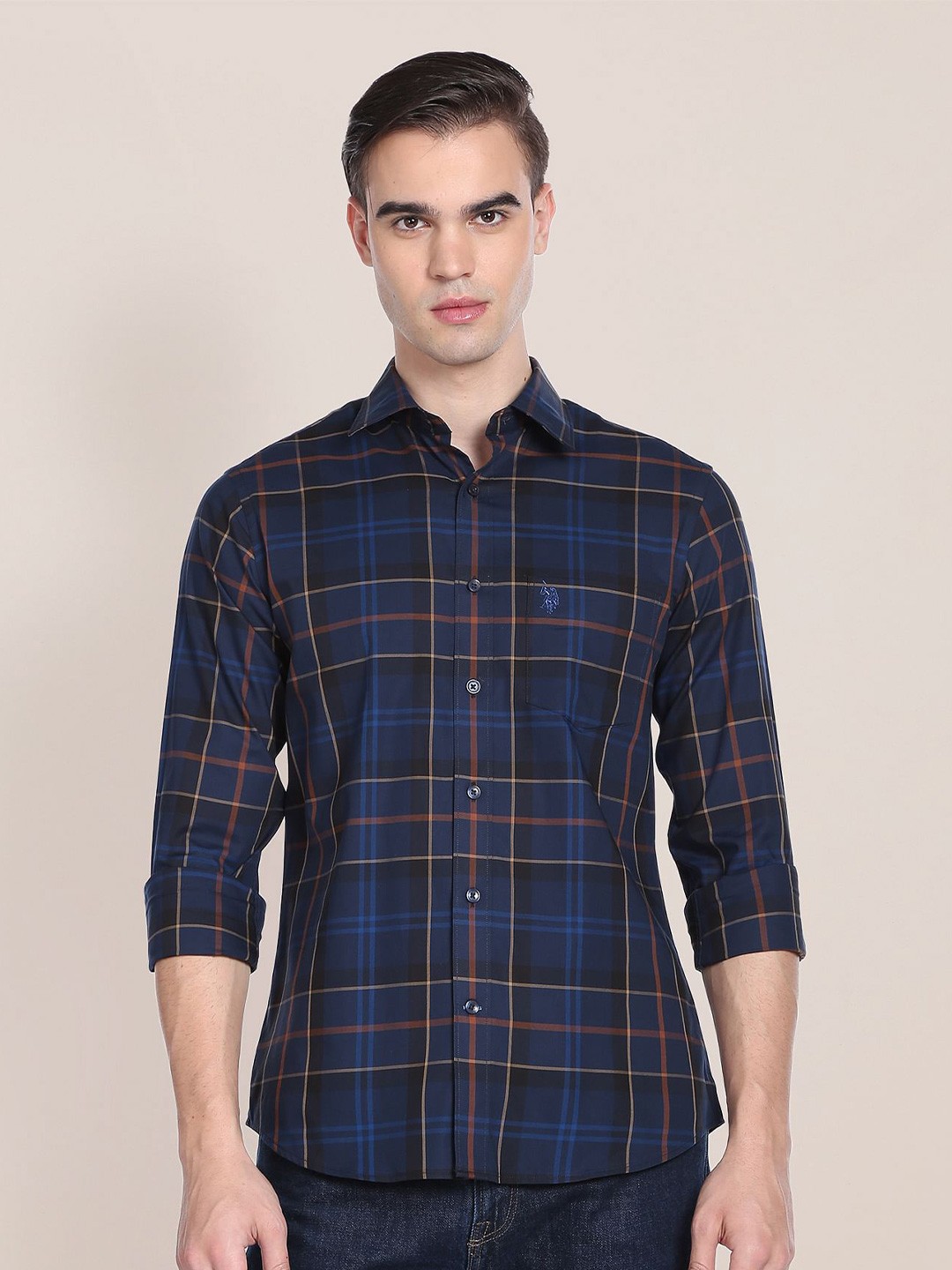 

U.S. Polo Assn. Tartan Checks Twill Weave Pure Cotton Casual Shirt, Navy blue