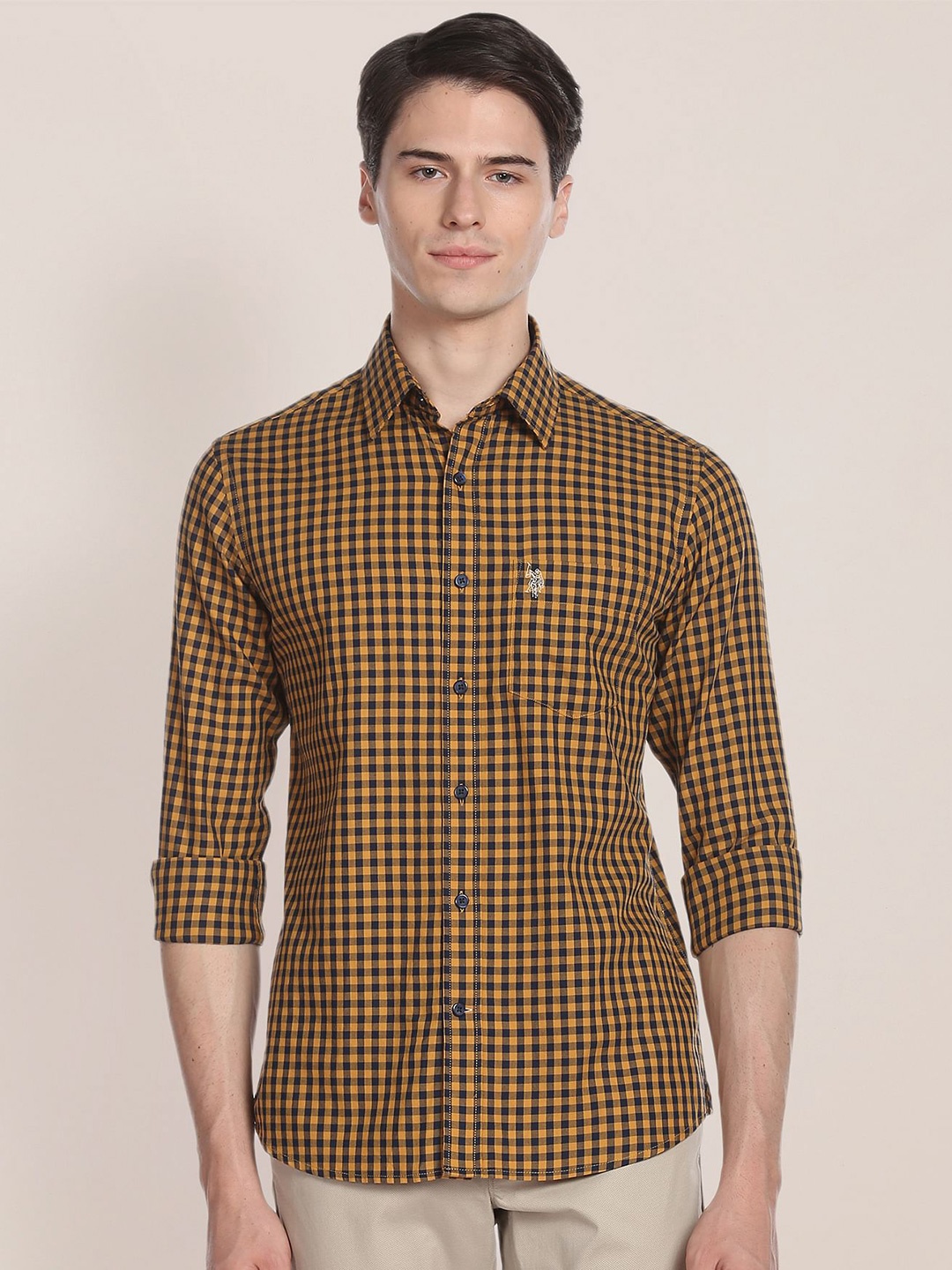 

U.S. Polo Assn. Spread Collar Gingham Checked Pure Cotton Casual Shirt, Yellow