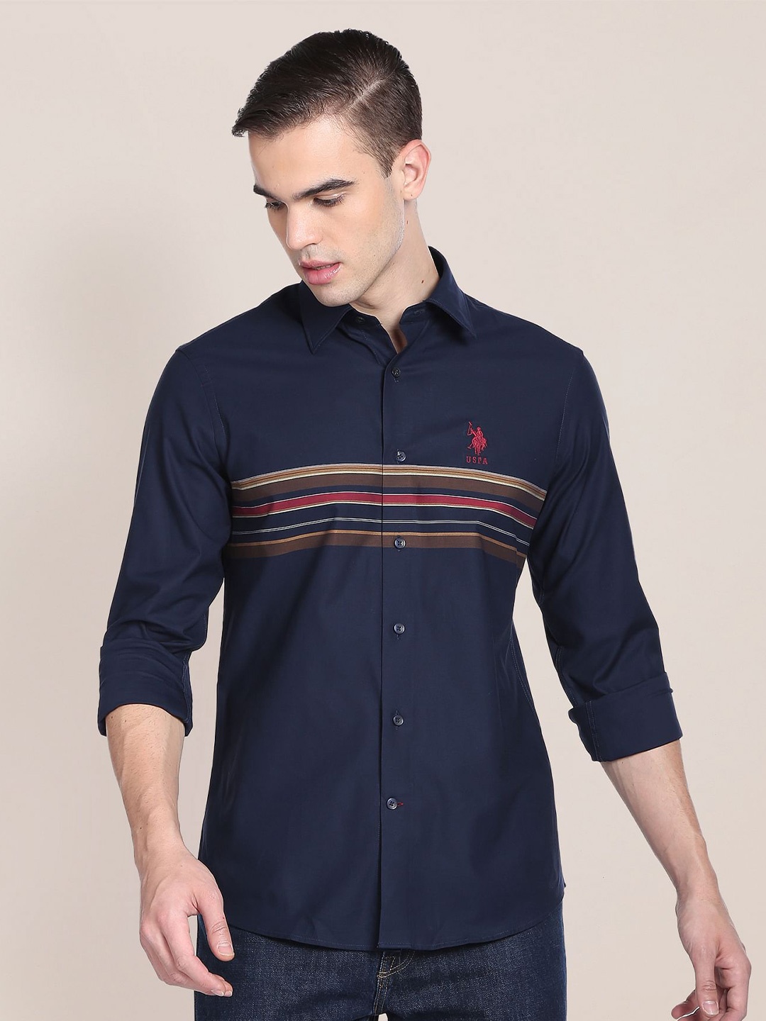 

U.S. Polo Assn. Horizontal Stripes Spread Collar Twill Pure Cotton Casual Shirt, Blue