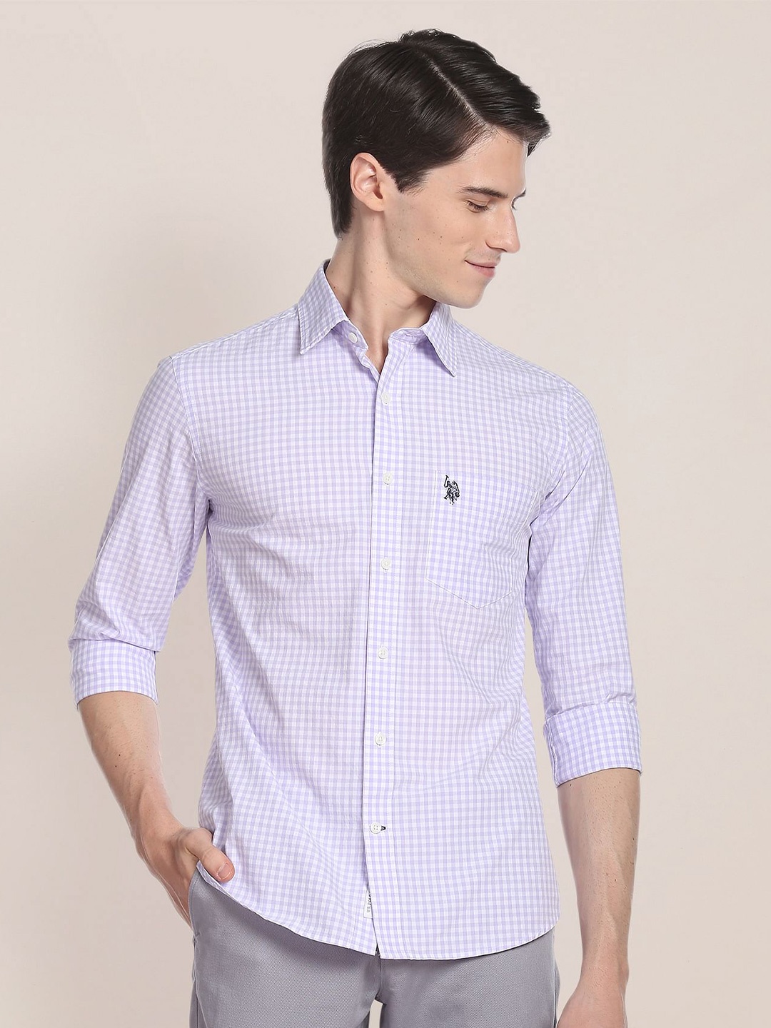 

U.S. Polo Assn. Checked Spread Collar Oxford Pure Cotton Casual Shirt, Lavender