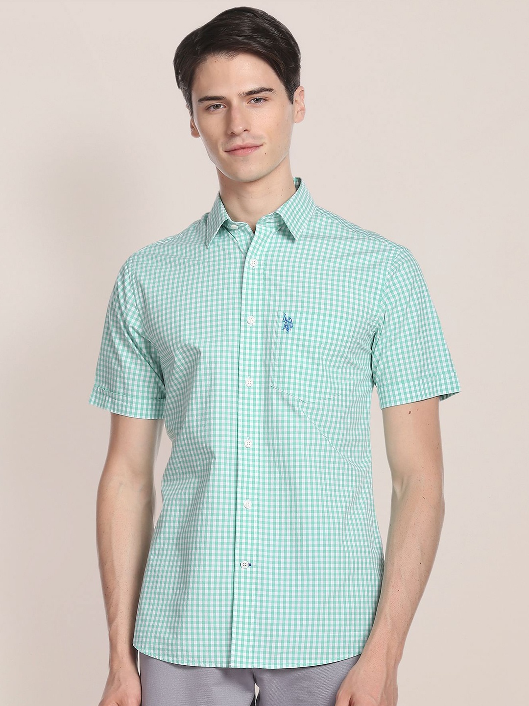 

U.S. Polo Assn. Micro Checks Checked Oxford Pure Cotton Casual Shirt, Green