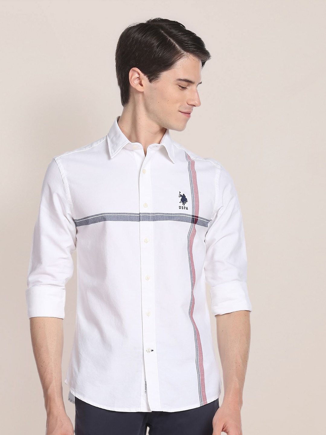

U.S. Polo Assn. Spread Collar Stripes Printed Oxford Pure Cotton Casual Shirt, White