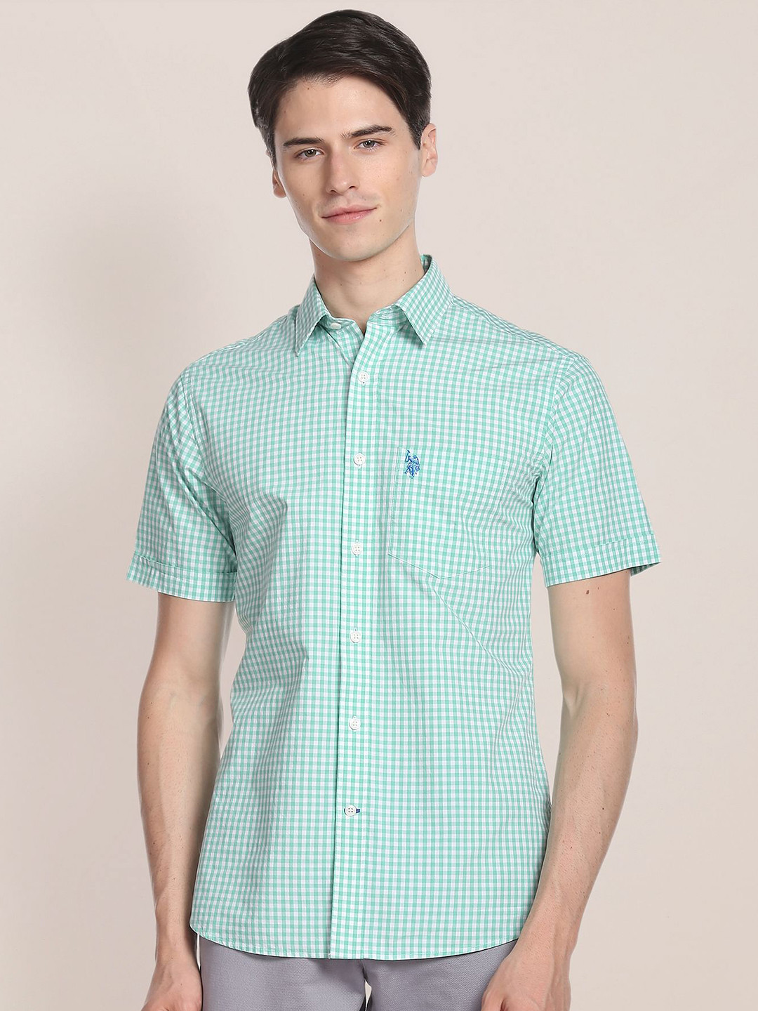 

U.S. Polo Assn. Spread Collar Micro Checks Oxford Pure Cotton Casual Shirt, Green