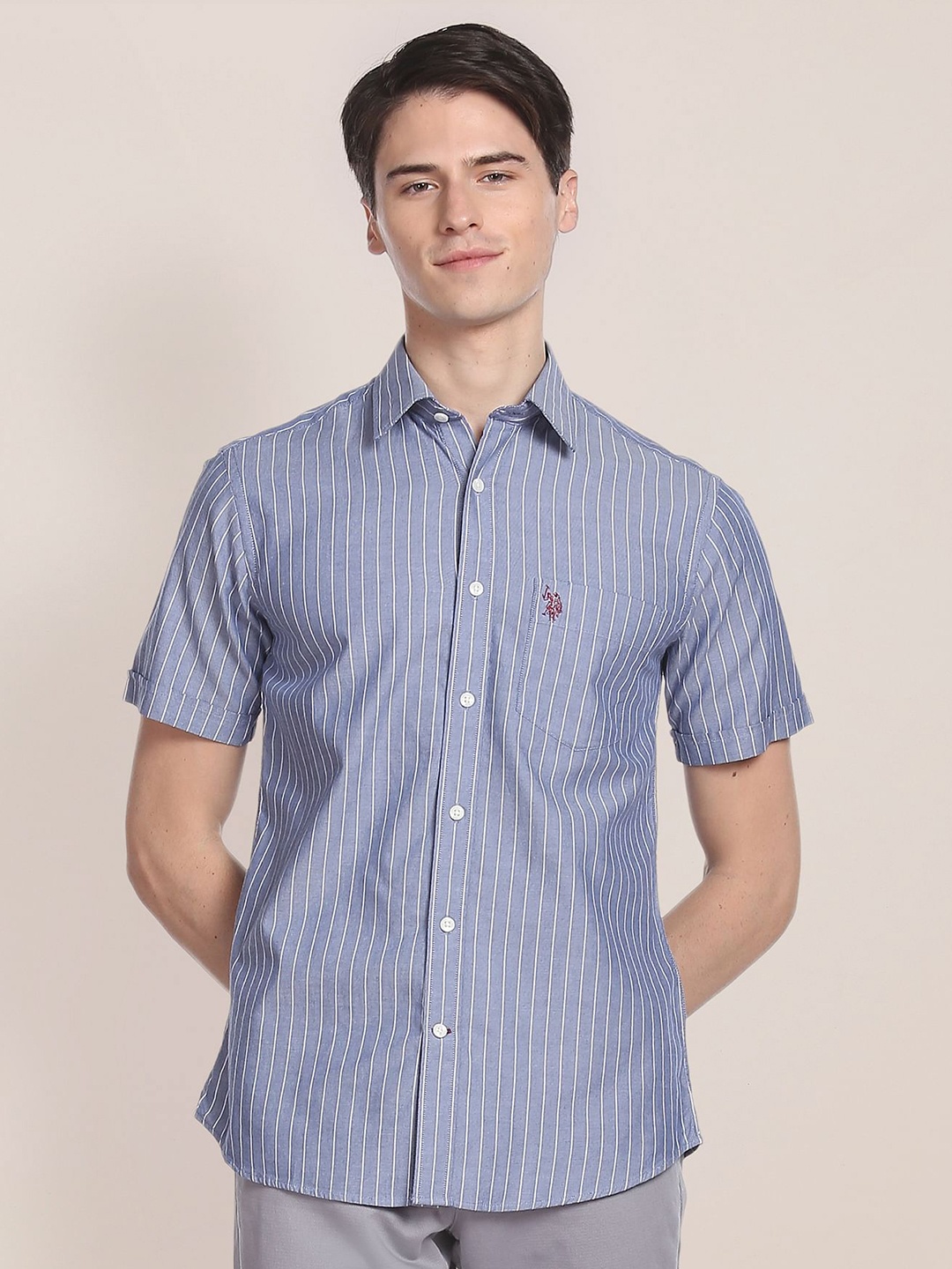 

U.S. Polo Assn. Vertical Stripes Striped Oxford Cotton Casual Shirt, Blue