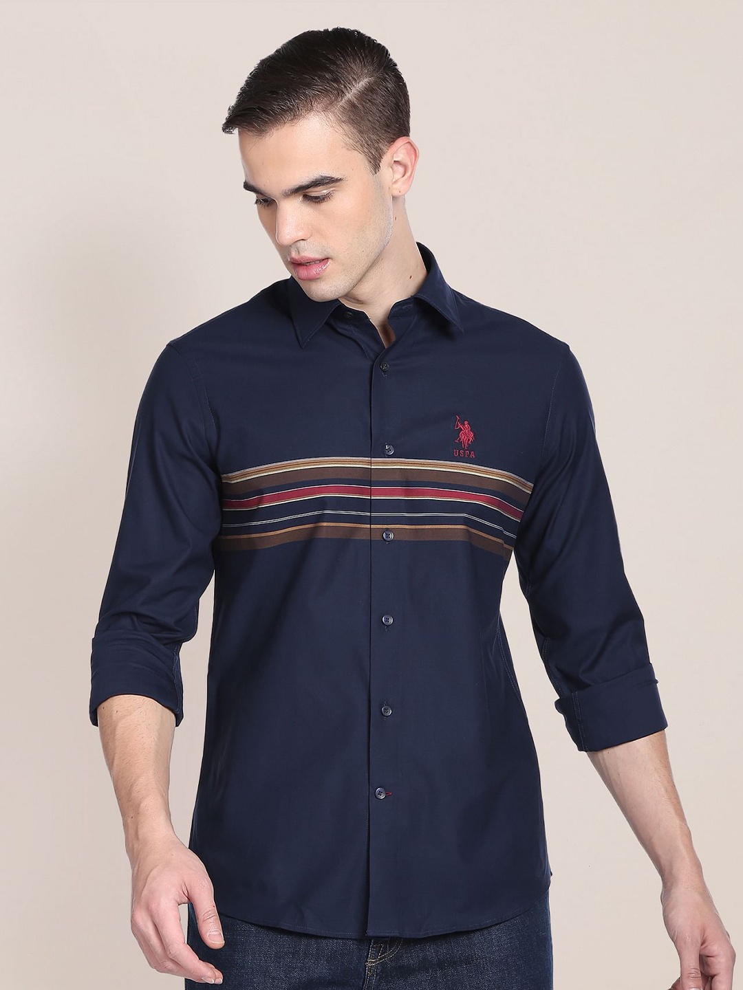 

U.S. Polo Assn. Spread Collar Horizontal Striped Pure Cotton Casual Shirt, Blue