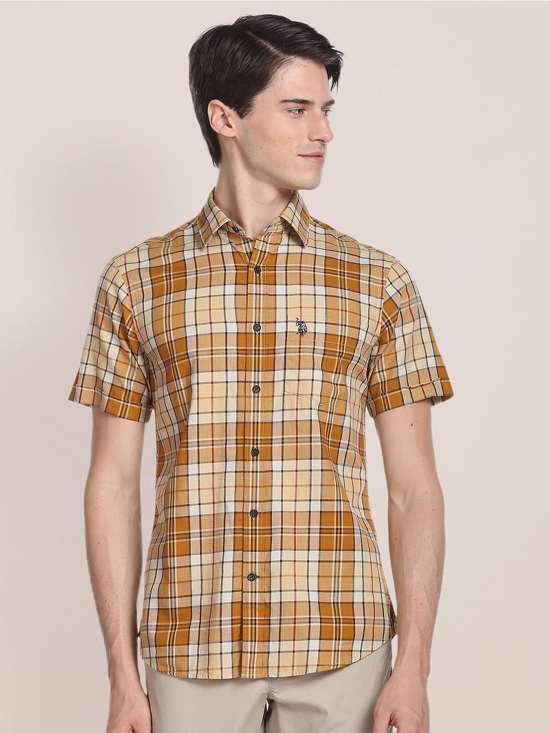 

U.S. Polo Assn. Spread Collar Tartan Checked Pure Cotton Casual Shirt, Yellow