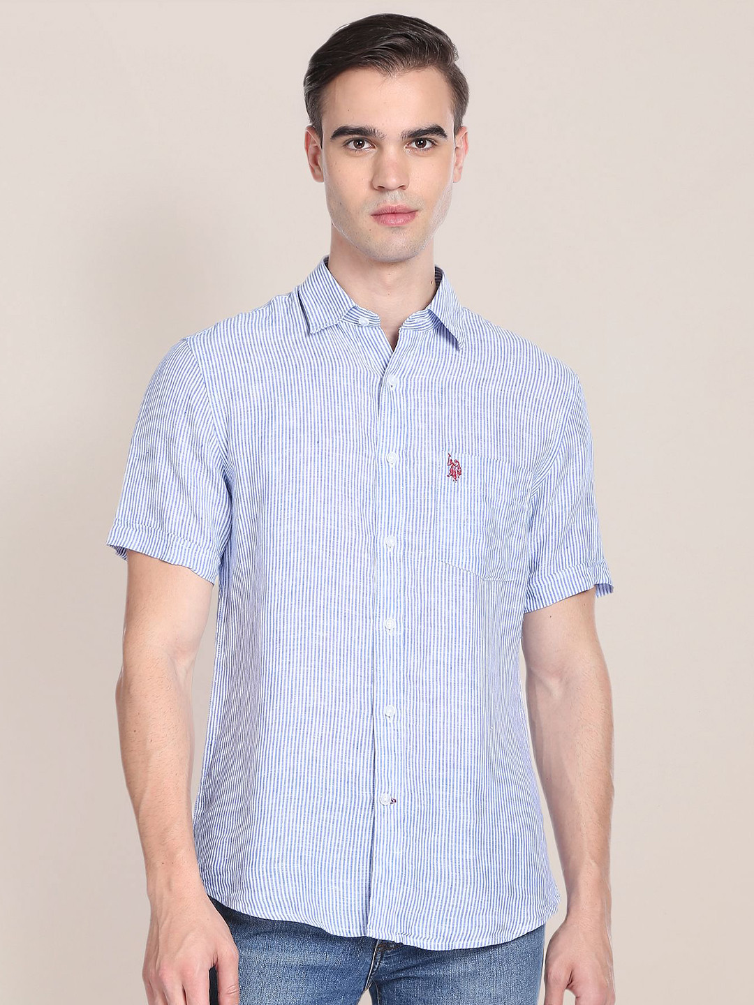 

U.S. Polo Assn. Striped Pure Linen Casual Shirt, Blue