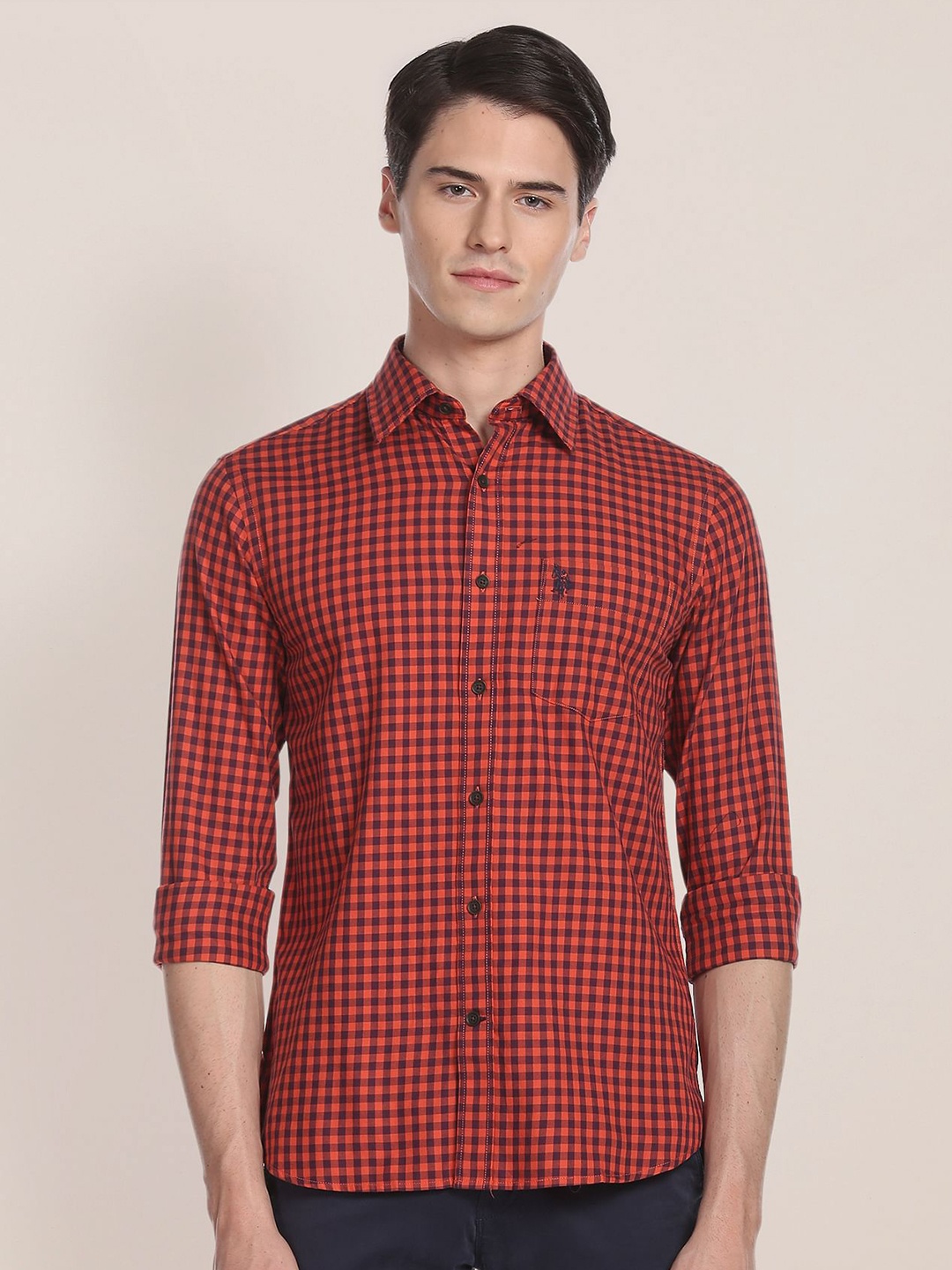 

U.S. Polo Assn. Spread Collar Checked Regular Fit Pure Cotton Casual Shirt, Red