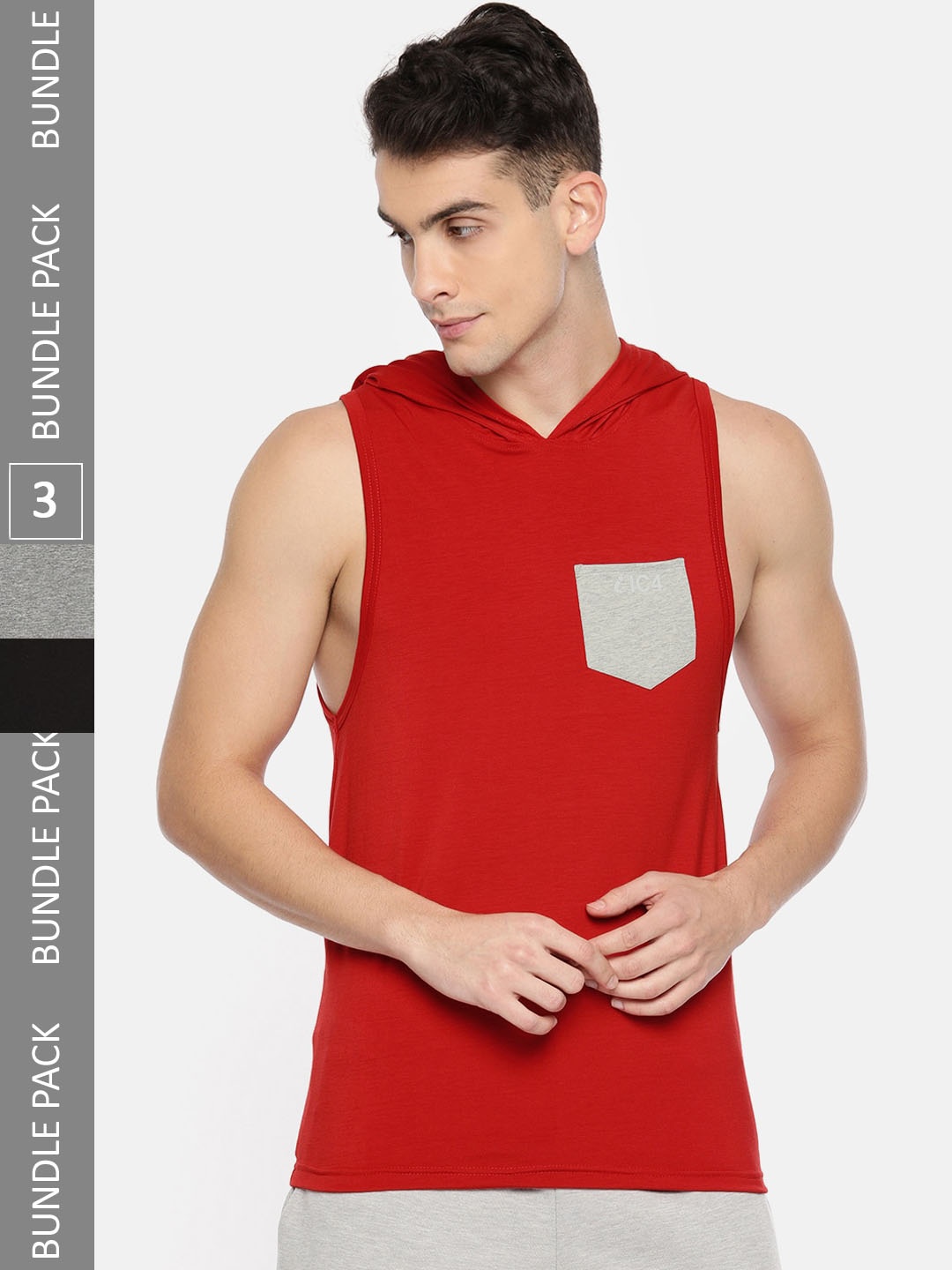 

IC4 Men Pack Of 3 Brand Logo Printed Hooded Gym Vests, Black