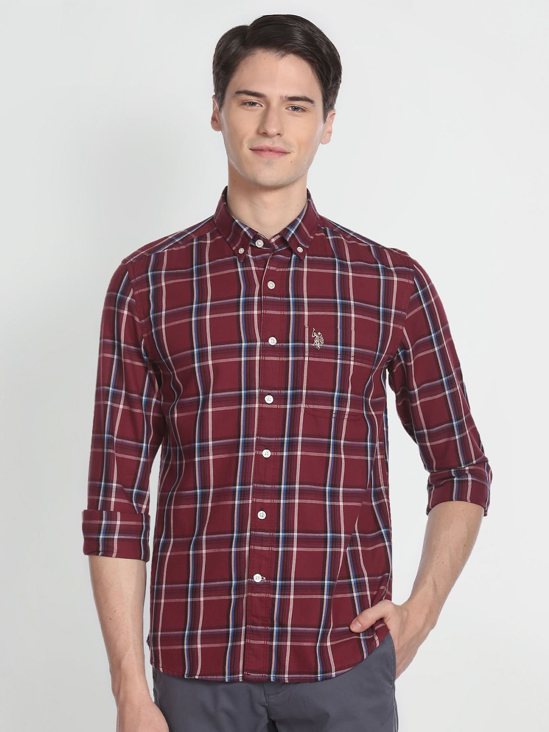 

U.S. Polo Assn. Denim Co. Slim Fit Tartan Checks Checked Twill Pure Cotton Casual Shirt, Red