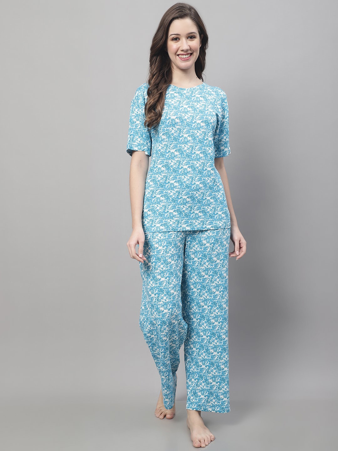 

Kanvin Floral Printed Pure Cotton Night Suit, Turquoise blue