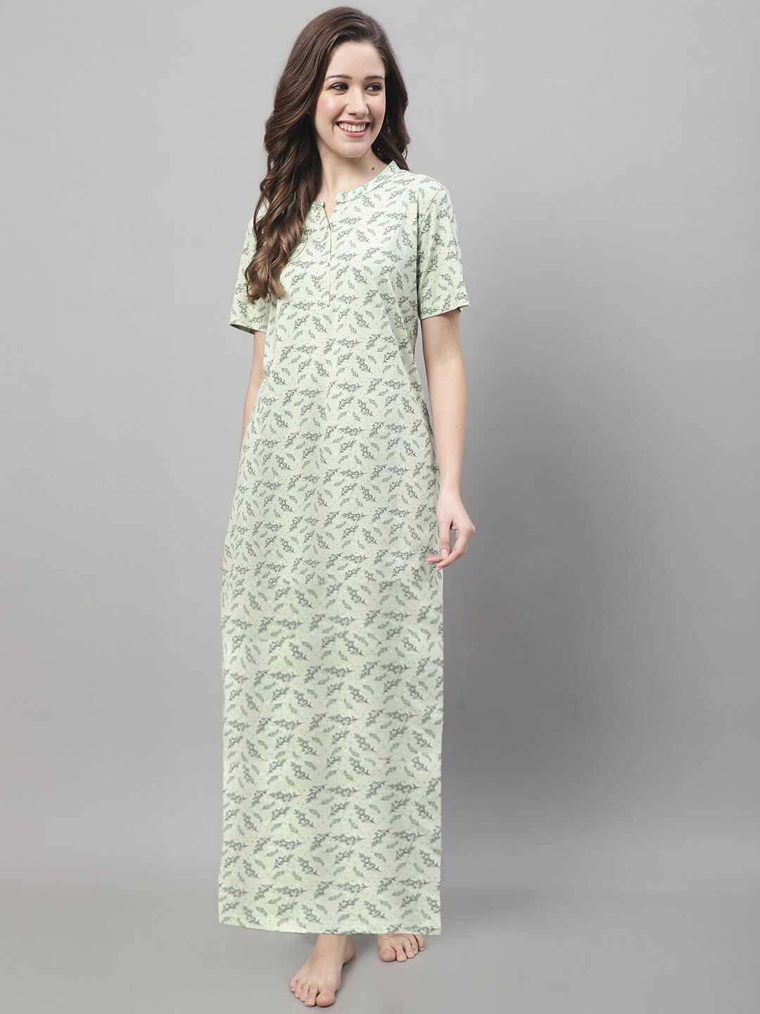 

Kanvin Floral Printed Pure Cotton Maxi Nightdress, Green