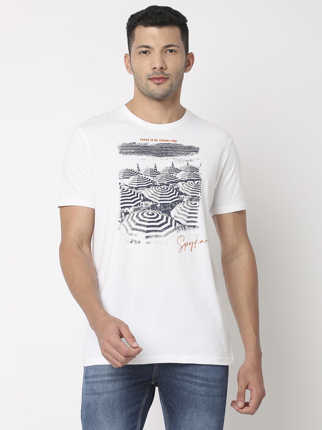 

SPYKAR Round Neck Graphic Printed Slim Fit Pure Cotton T-shirt, White
