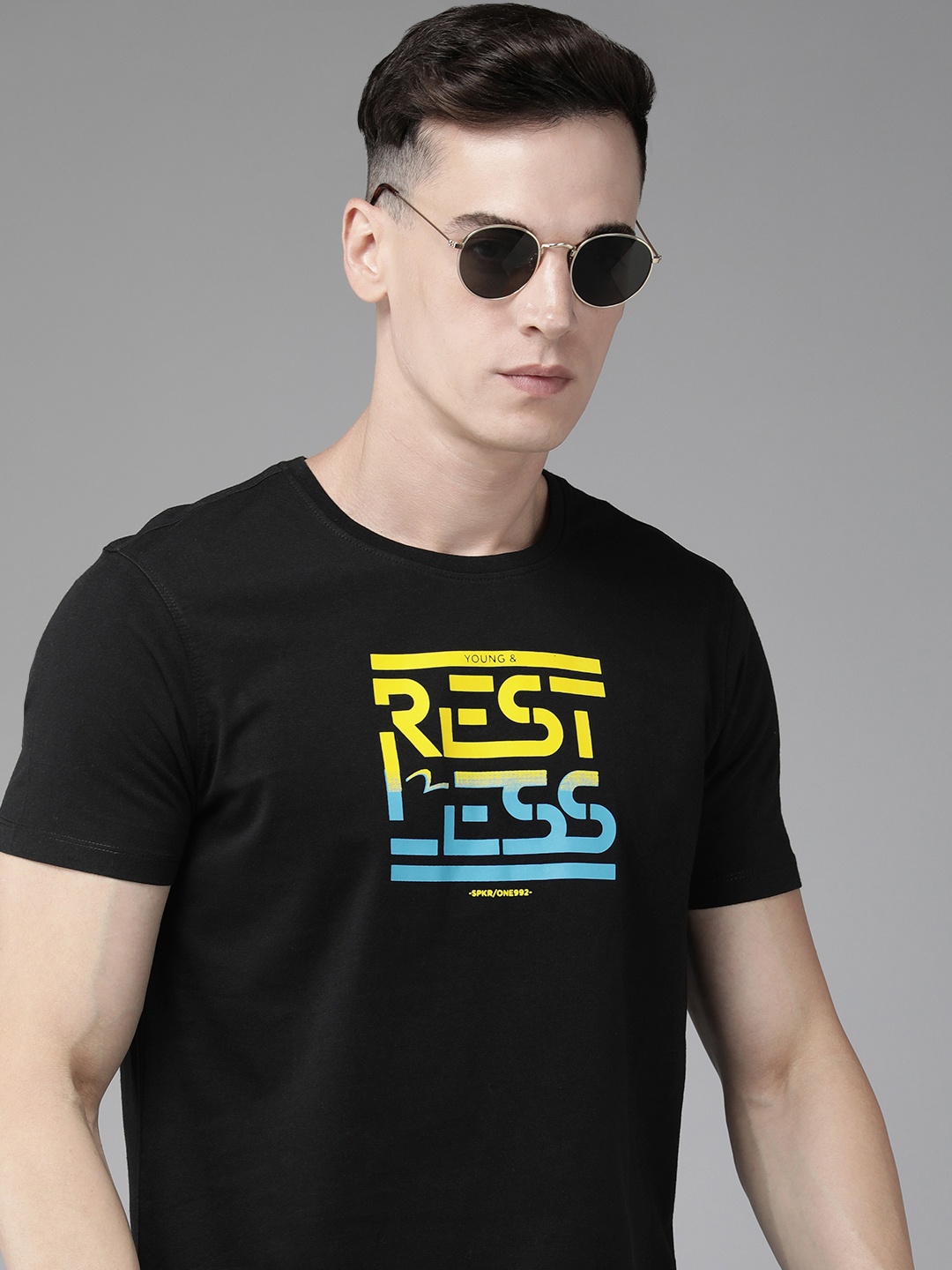 SPYKAR Typography Printed Pure Cotton Slim Fit T-shirt, Black