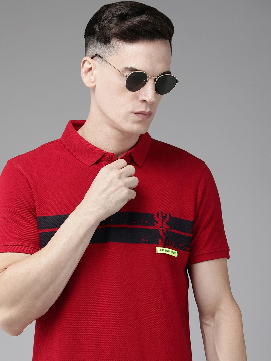 

SPYKAR Striped Polo Collar Pure Cotton Slim Fit T-shirt, Red
