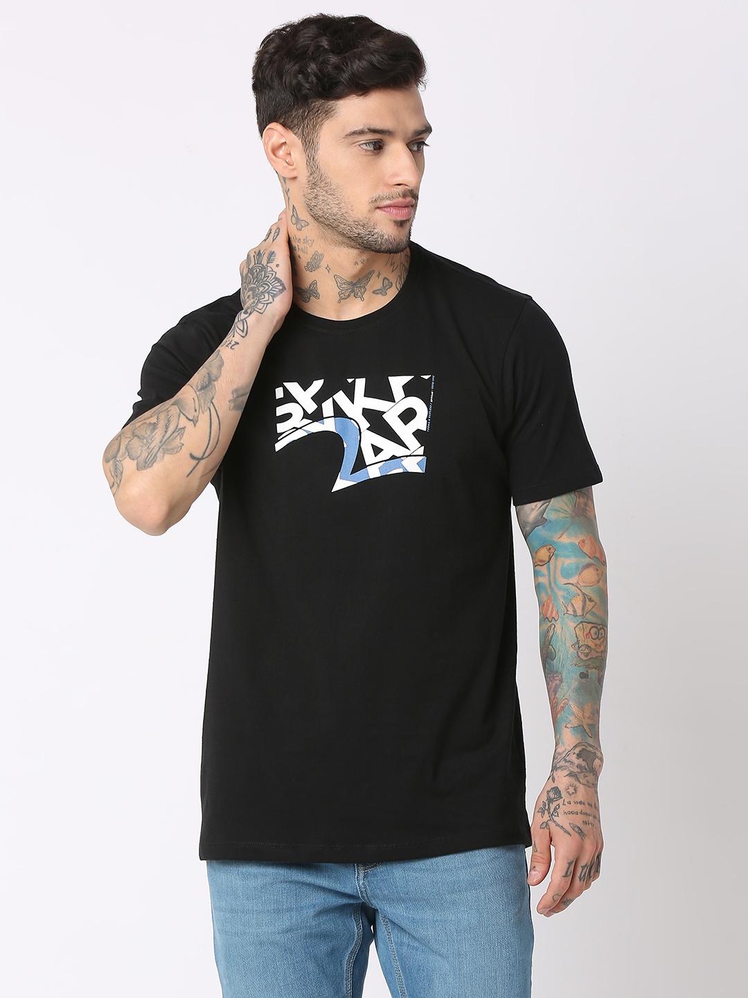 

SPYKAR Round Neck Graphic Printed Slim Fit Pure Cotton T-shirt, Black